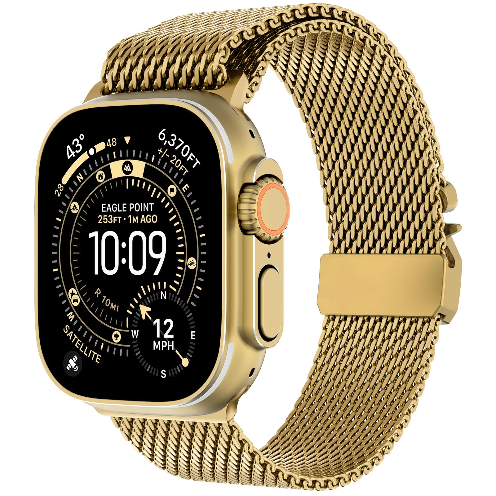 FULLIFE Boucle en maille milanaise pour Apple Watch Bracelet Apple Watch Ultra 3/2/1 49 mm, 46 mm, 45 mm, 44 mm pour homme et femme, bracelet en acier inoxydable avec boucle de style parachute pour