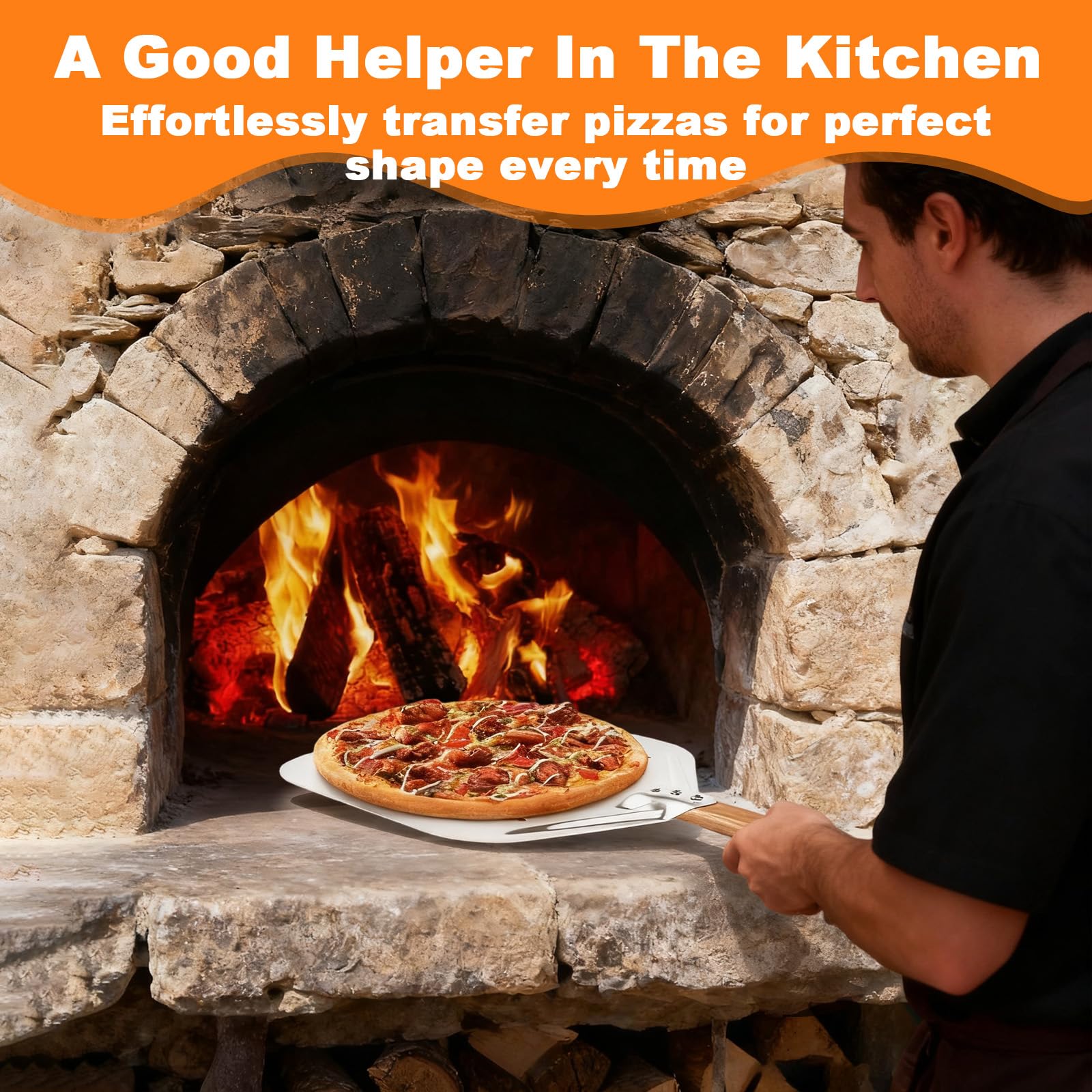 Pelle à Pizza Perforée 39,5 x 30 cm avec Poignée en Bois Longue Amovible, Spatule Pizza en Aluminium 12 Pouces, Coupe à Pizzas Grande Surface, Pelle Pain Cuisson Professionnelle pour Barbecue et Four