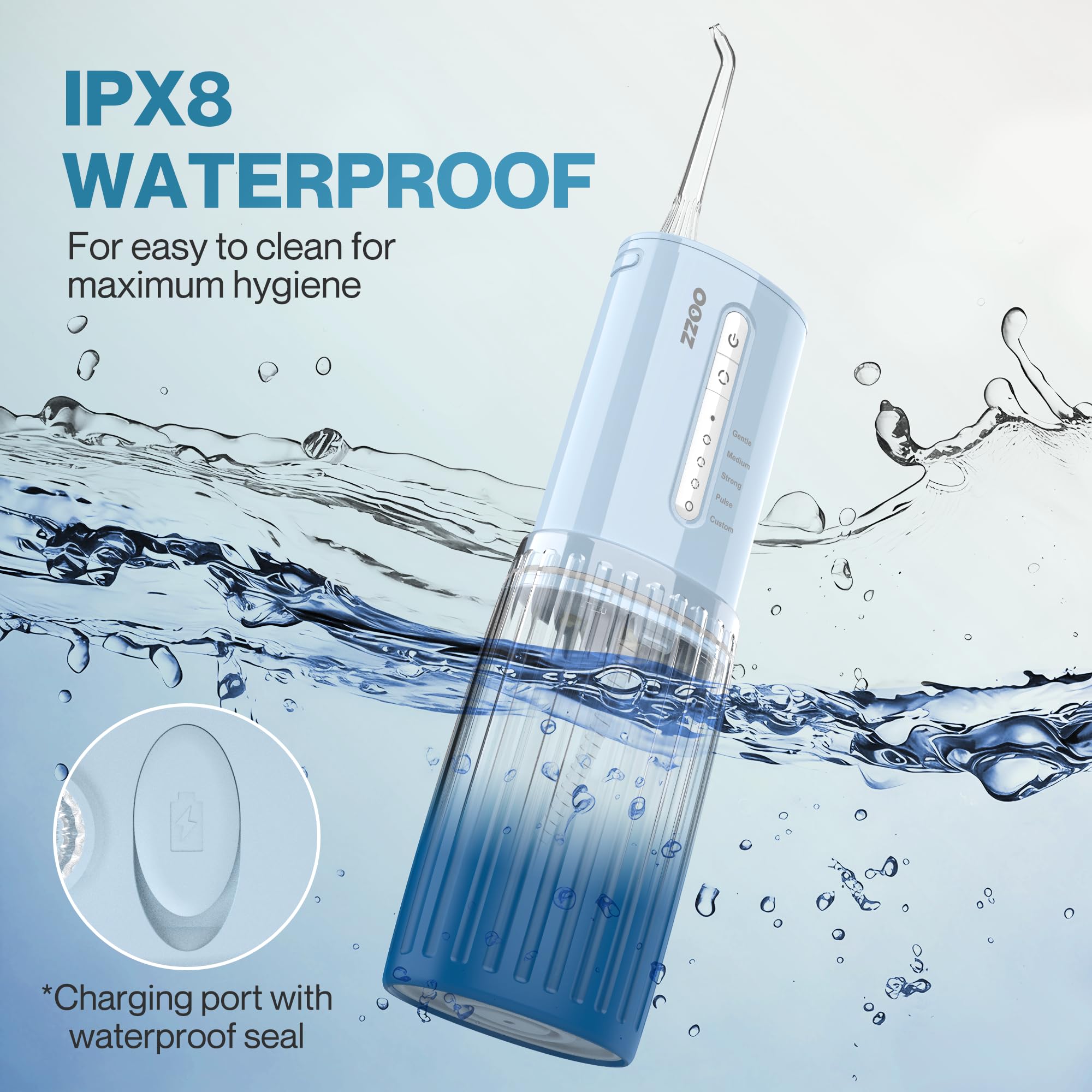 OOZZ Irrigador Bucal de Viaje Inalámbrico 5 Modos 6 Puntas Recargable USB Azul Degradado