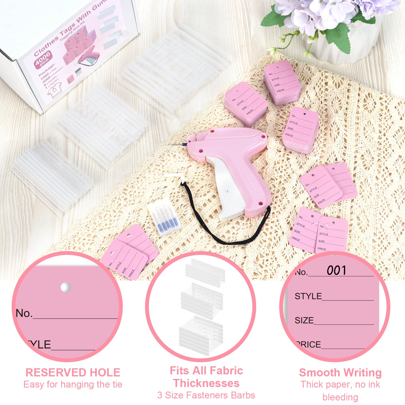8006 PZ Cartellini Prezzi con Pistola Set per Abbigliamento 1000 Cartellini Prezzo Indumenti Rosa Prezzo Pistola con 5 Aghi 0,98/2/2,95 Pollici 3000 Chiusure in Plastica Barbs Etichette Marcatura