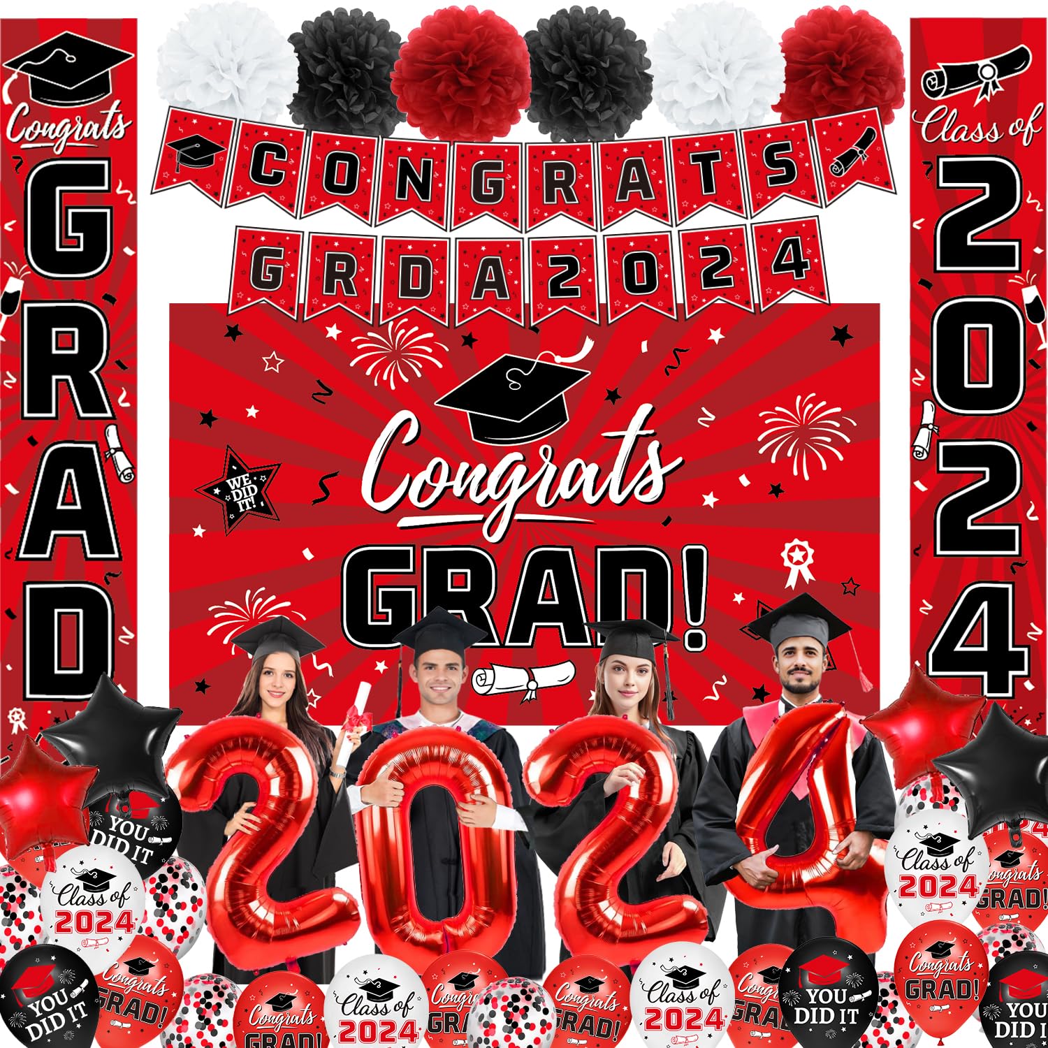 Graduation Decorations Class of 2025 - Red Graduation Party Supplies with Congrats Grad Backdrop & Banner, Hanging Swirls, Porch Sign, Balloons, Foil Number 2025 for High School & College Celebrations