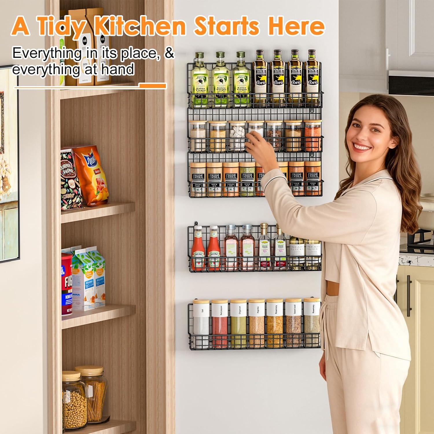 X-cosrack Spice Rack Organizer, 5-Tier Spice Rack for Wall, Stackable Hanging Spice Jars Storage Racks, Great for Kitchen and Pantry, Up to Storage 48 Jars(Patent No.:D909138S) - Image 2