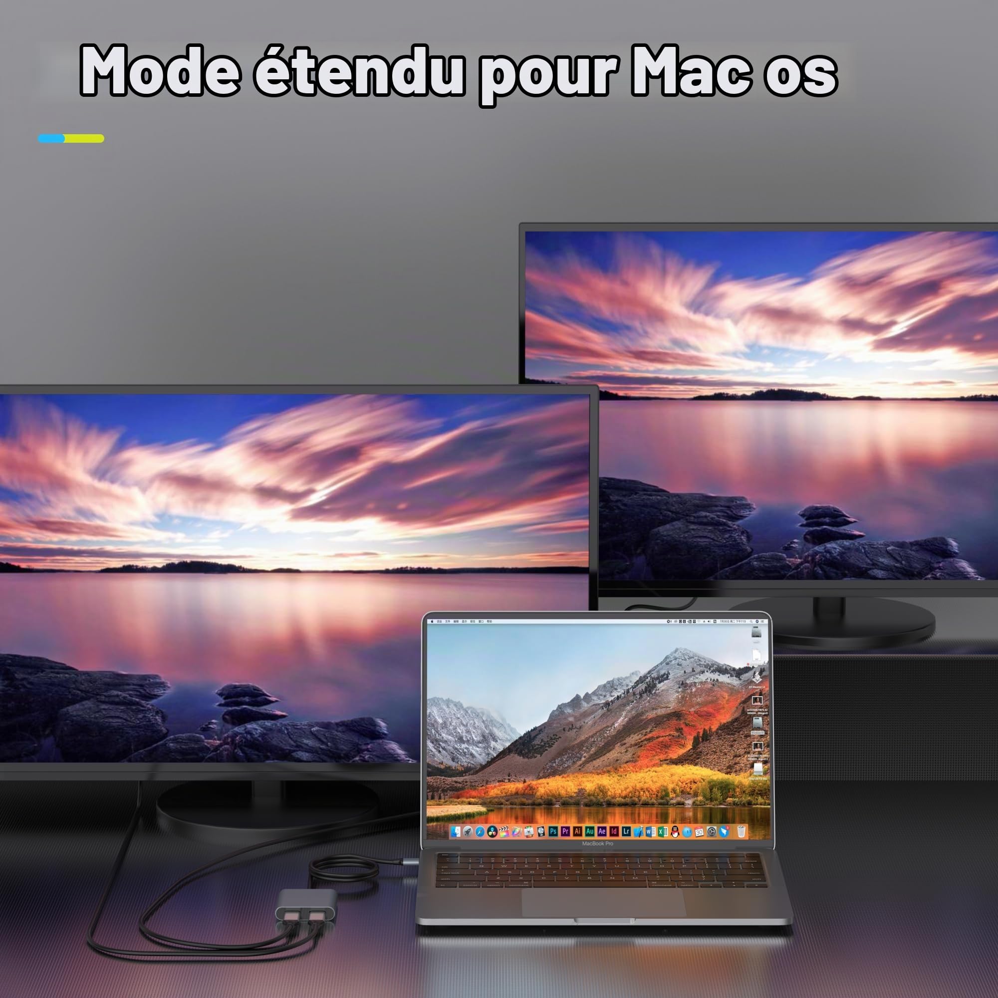 Fairikabe Adaptateur USB C vers Double HDMI 4K 60 Hz, USB C Splitter 2 moniteurs Affichage étendu, concentrateur HDMI de Type C (Mode DP Alt requis) Compatible avec Thunderbolt 3