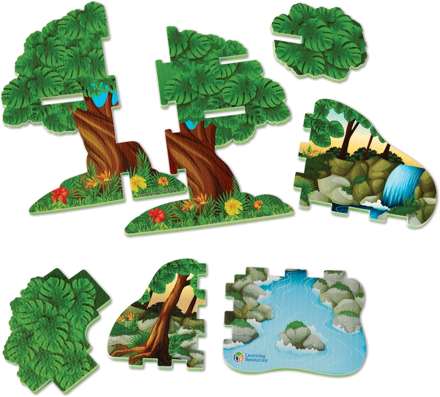 All disassembled foam pieces of the Jumbo Jungle Playset laid out.