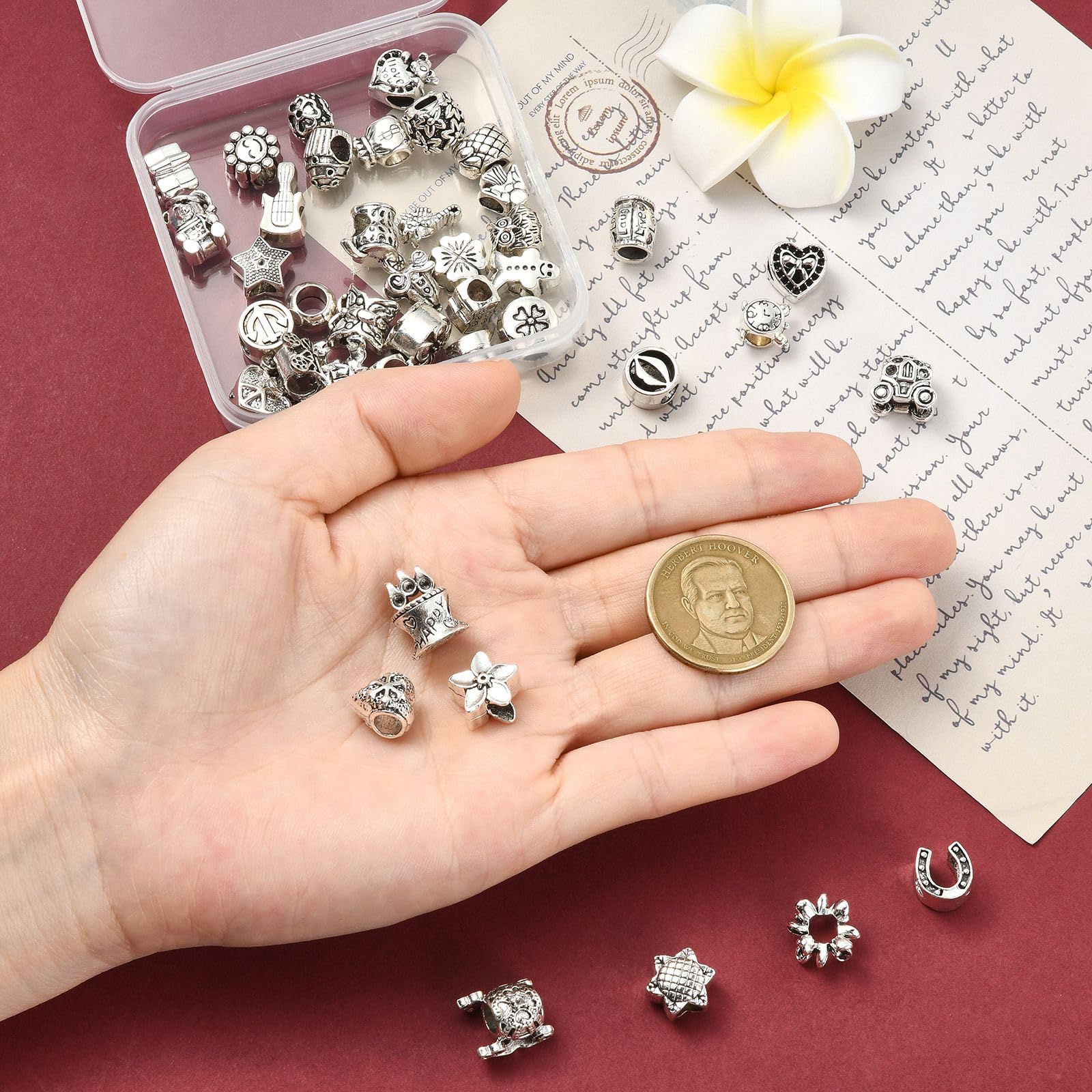 Stiesy 40 Pcs Assorted Tibetan Style Beads Antique Silver Alloy Large Hole Beads with 5.5mm Holes for DIY Charm Bracelet Jewelry Crafting - Image 4