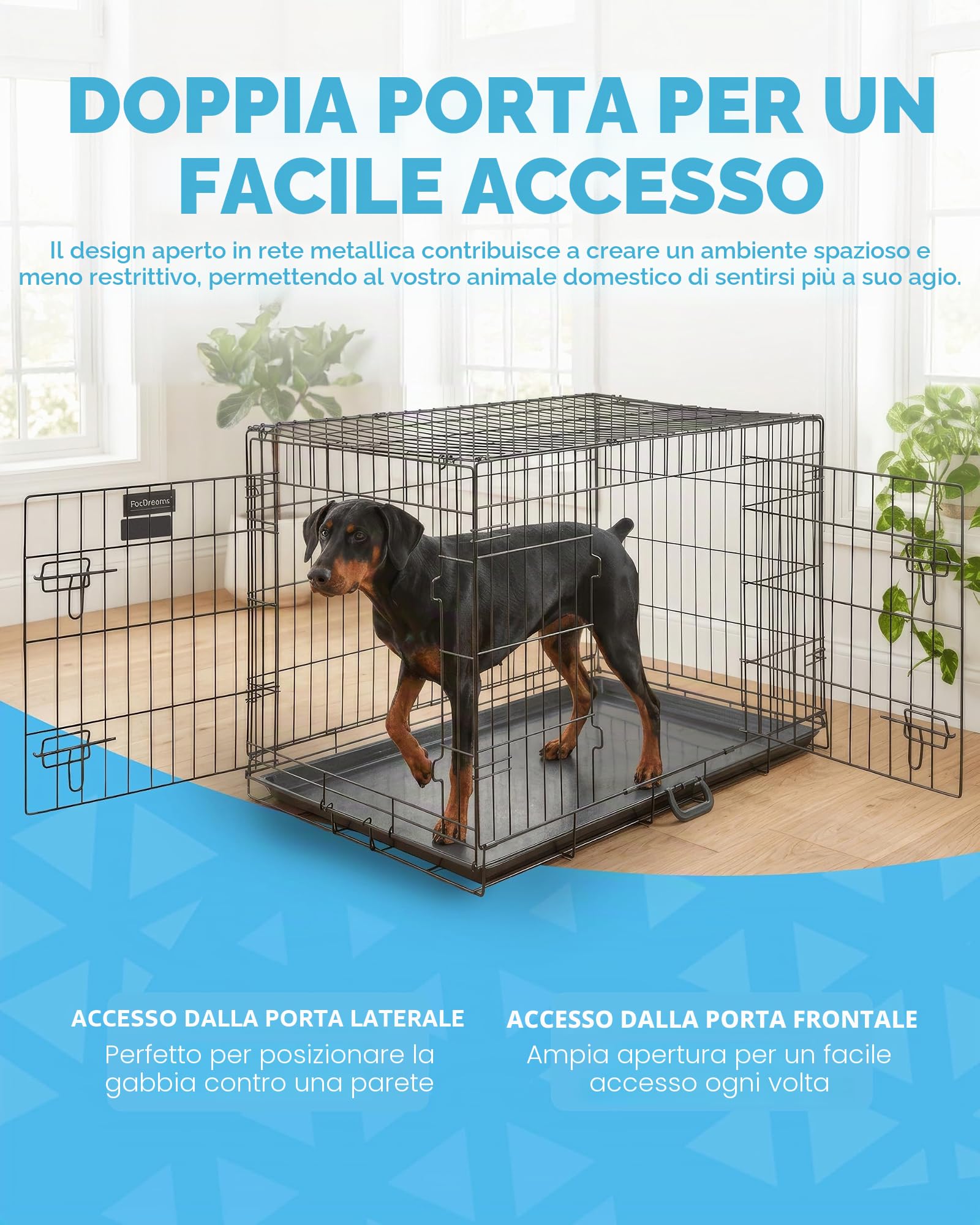 Gabbia per cani 107x68.5x77cm – gabbia pieghevole in metallo con due porte, vassoio in plastica anti morso e maniglia da trasporto – perfetto per l’addestramento dei cuccioli