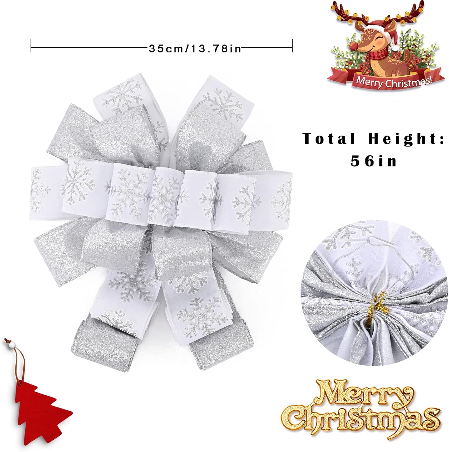 Christmas Tree Topper with Streamers, 48x13 Inches Large Toppers for Xmas Home Decor, Silver Polyester Decorative Bow for Christmas Decoration - Image 2