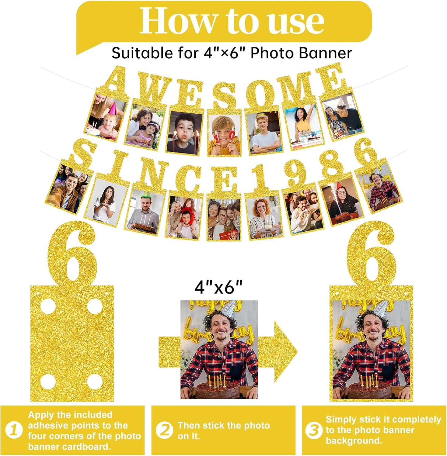 Pre-strung Awesome Since 1986 Photo Banner Birthday Decorations for Men Women - Gold Glitter 40th Birthday and Anniversary Decorations Party Supplies