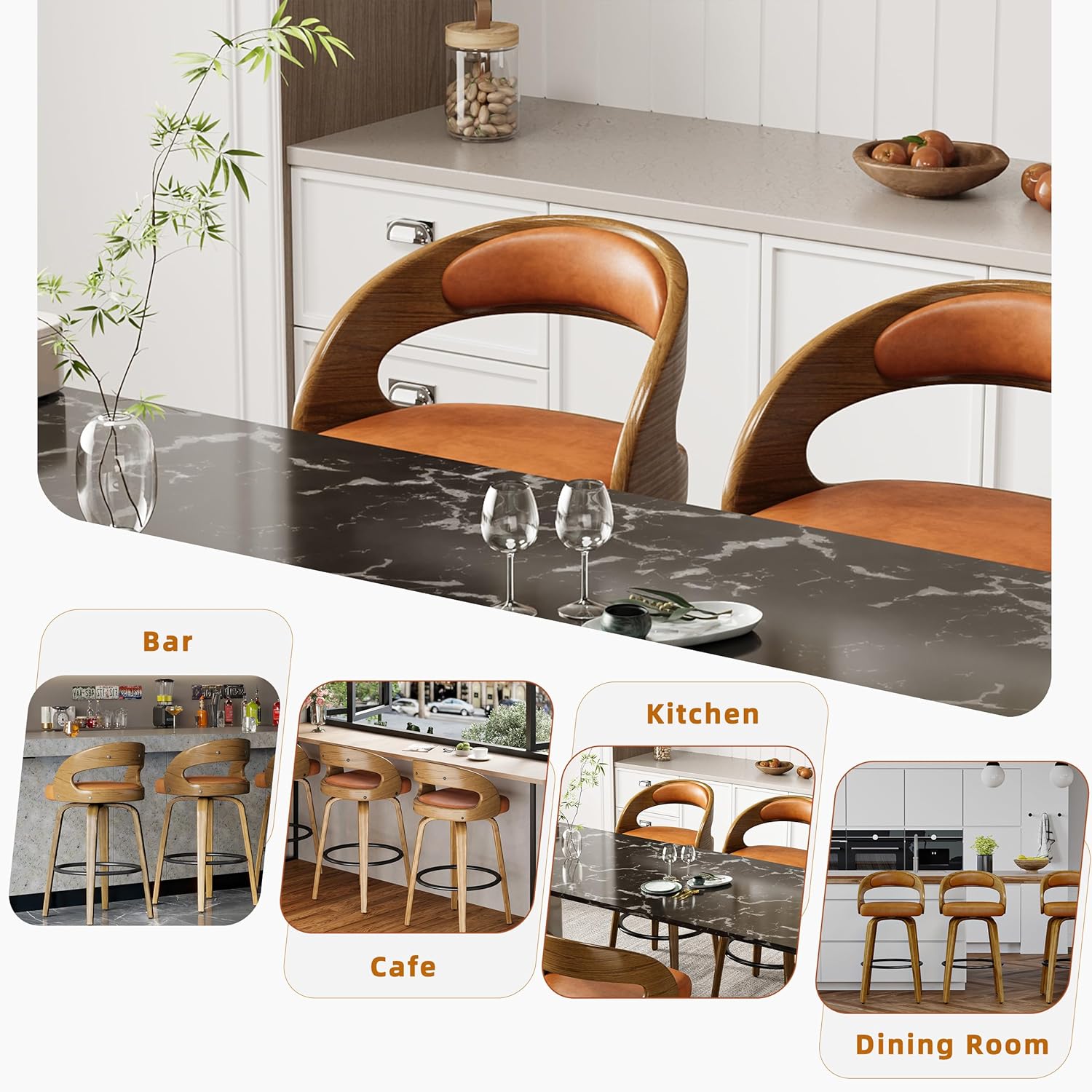 26" Bar Stools Set of 4 Swivel Counter Height Stools Bar Chairs Faux Leather Bar Stool with Backrest & Solid Wood Legs & Wrap-Around Footrest, Counter Stools for Kitchen Island Saddle Brown