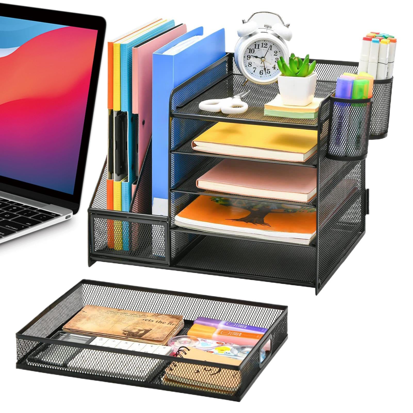 Organizzatore Scrivania Cassetto in Rete Portadocumenti Metallico da Tavolo | Contenitore Antiscivolo per Penne, Documenti e