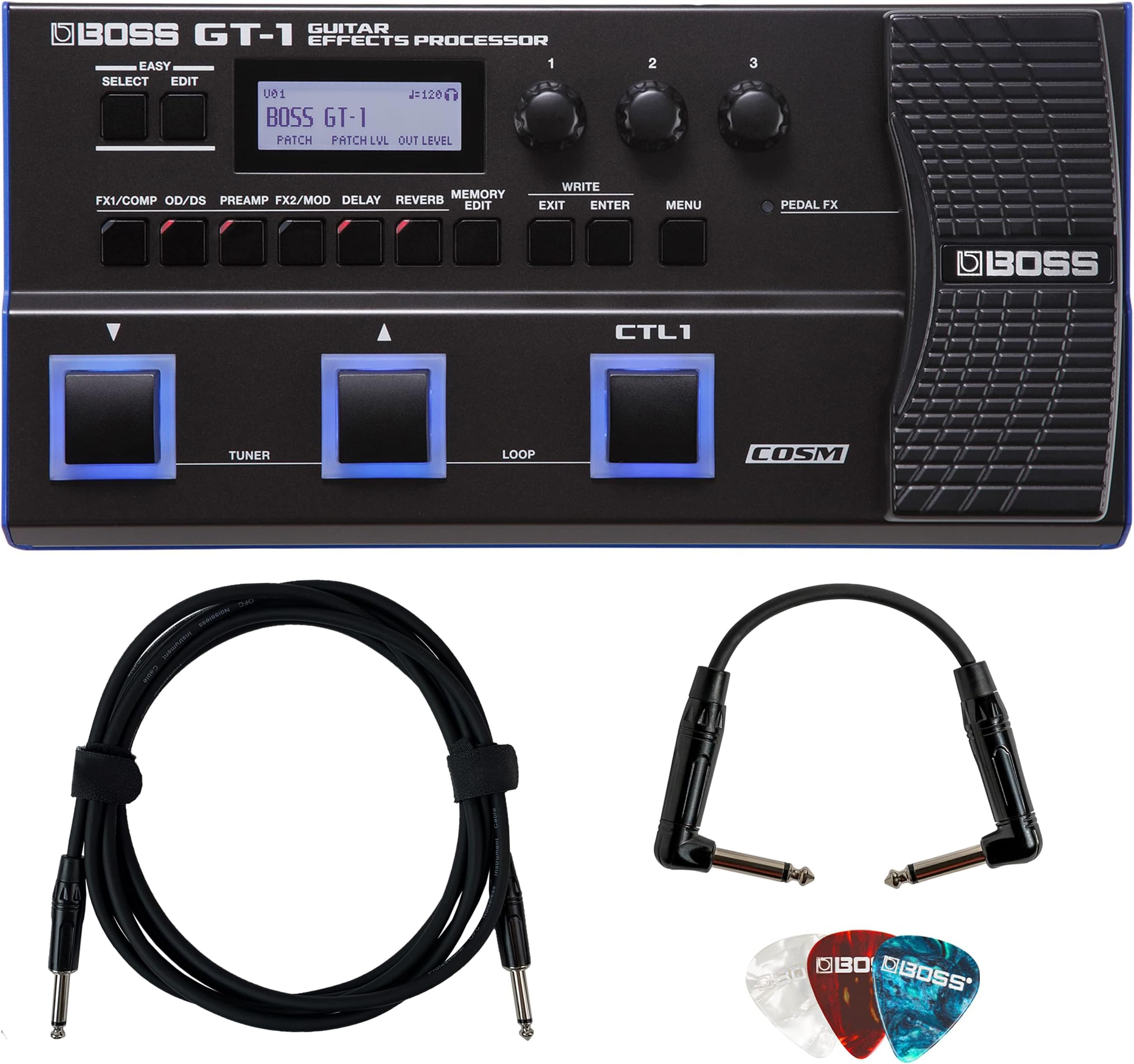 GT-1 Guitar Effects Processor Bundle with Gearlux Instrument & Patch Cable, and Picks