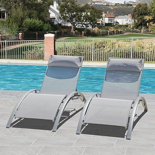 Miniatura 7 de Domi - Juego de 2 sillas de piscina ajustables de aluminio para exteriores, para todo tipo de clima, para terraza, césped, piscina, patio trasero,