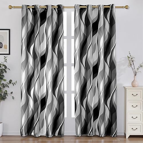 weesire Cortinas opacas modernas a rayas negras y grises, decorativas, 100% bloqueo de luz, con ojales, para sala de estar, villa, dormitorio, juego