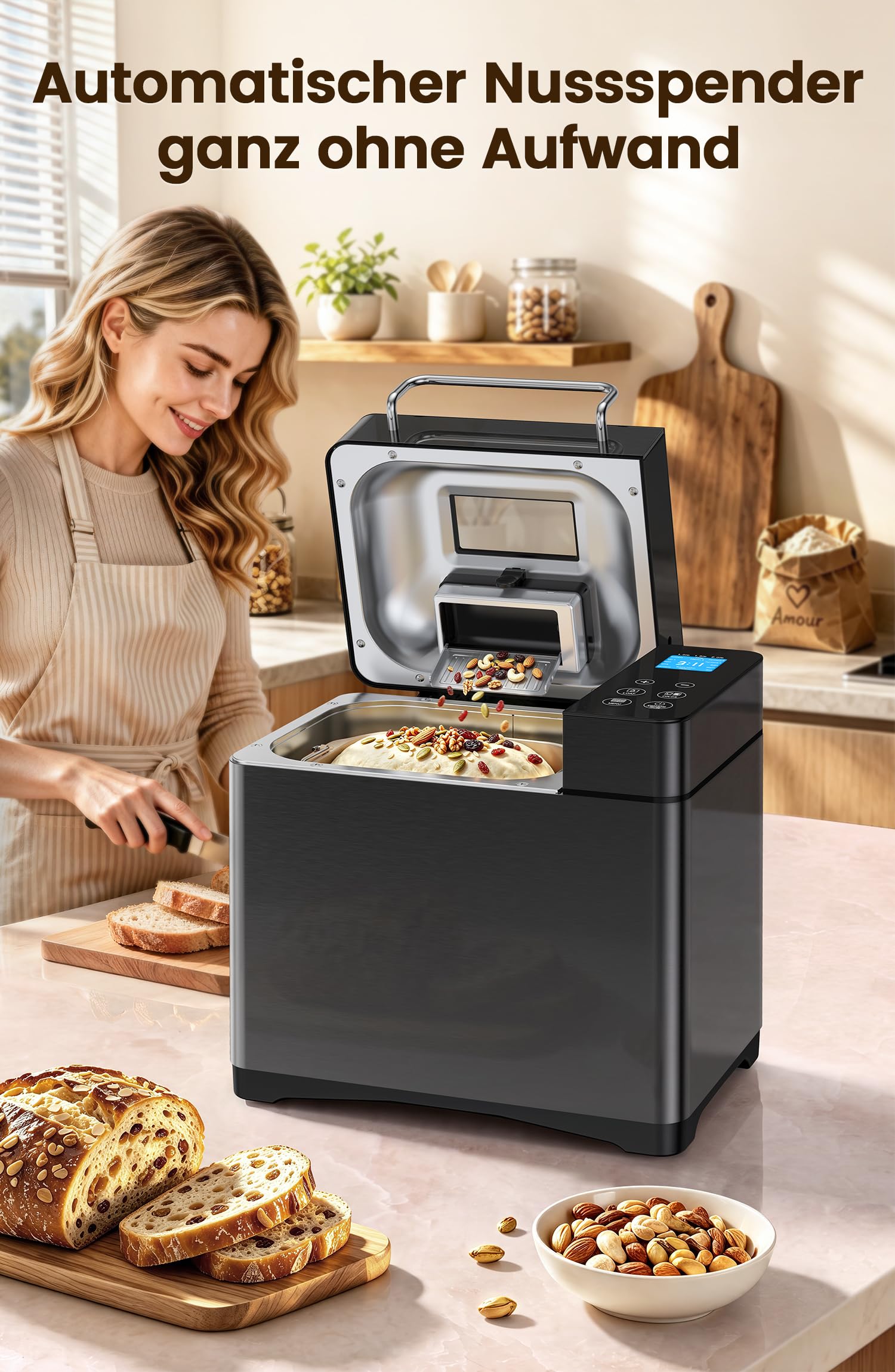 710W Konvektie Panificadora con tubos de calefacción doble, Forma de cerámica, Bandeja de ingredientes, Pantalla táctil, Panificadora de acero inoxidable 1kg, 17 Programas, sin gluten, masa