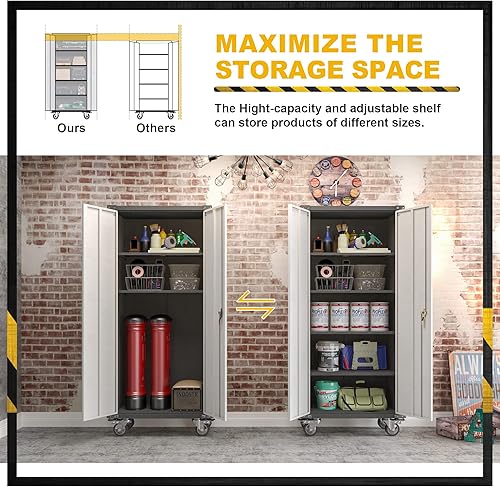 Miniatura 6 de SUXXAN Armario de almacenamiento de metal alto para garaje con rueda y asa para garaje en el hogarestantes ajustables, con cerradura, refuerzo y