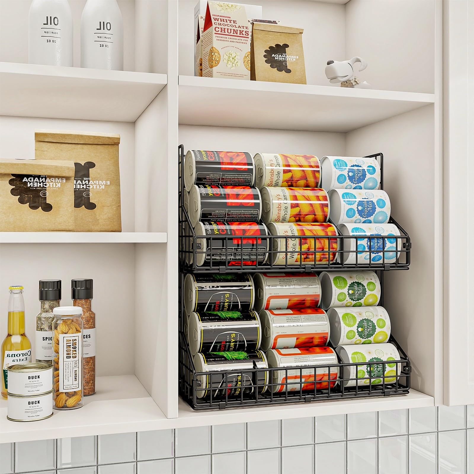 JKsmart Stapelbares Dosenregal für Speisekammer, Dosenspender mit 4 verstellbaren Trennwänden, 2-stöckiger Metalldrahtkorb, Getränke-Pop-Soda-Regal für Küchenschrank, Speisekammer, Schwarz, 2 Stück