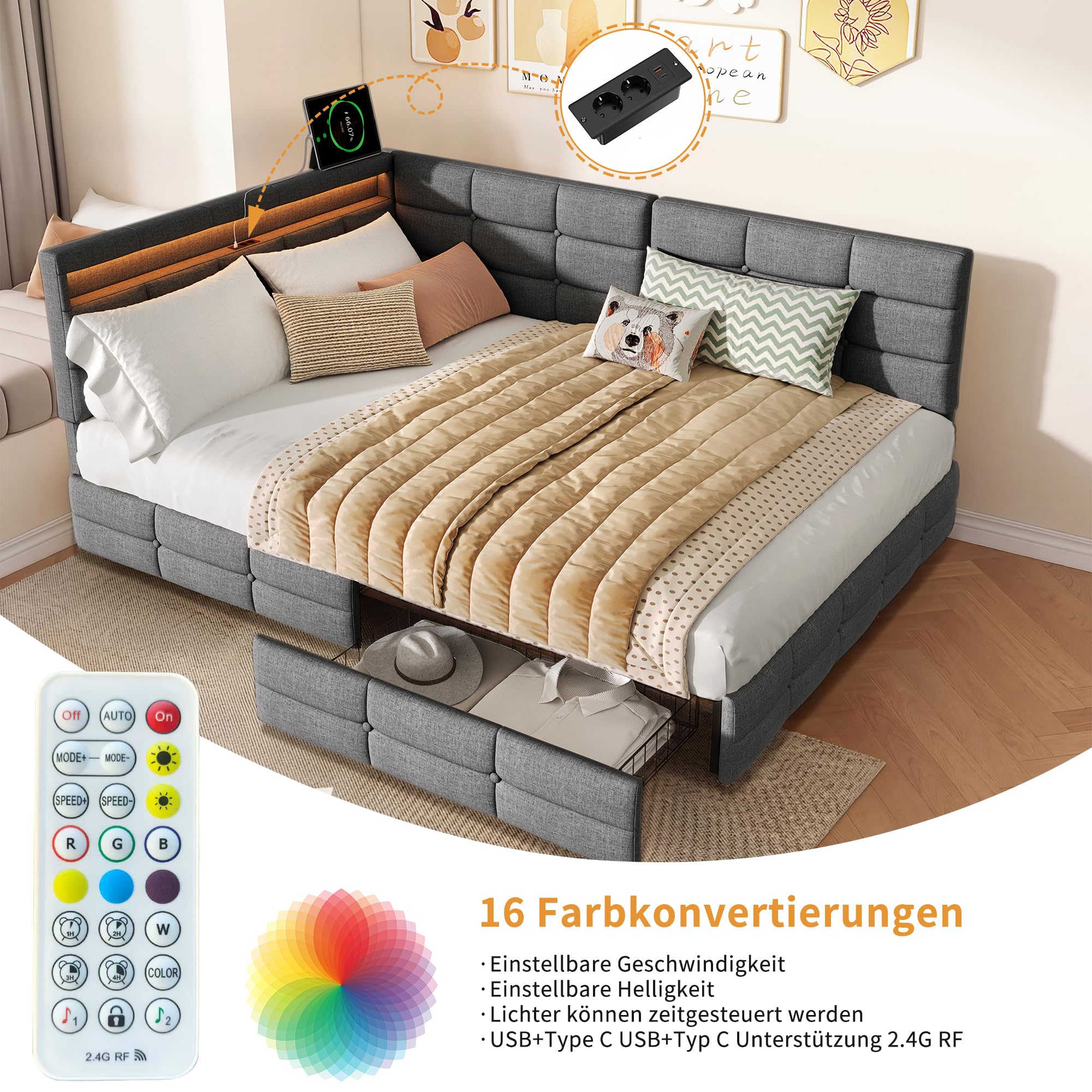 Letto Matrimoniale 140x200 con Testiera a L, Letto Imbottito con Luci LED RGB, USB e Presa di Ricarica, 2 Cassetti Estraibili, Struttura, Letto per ragazzi, Lino, Grigio