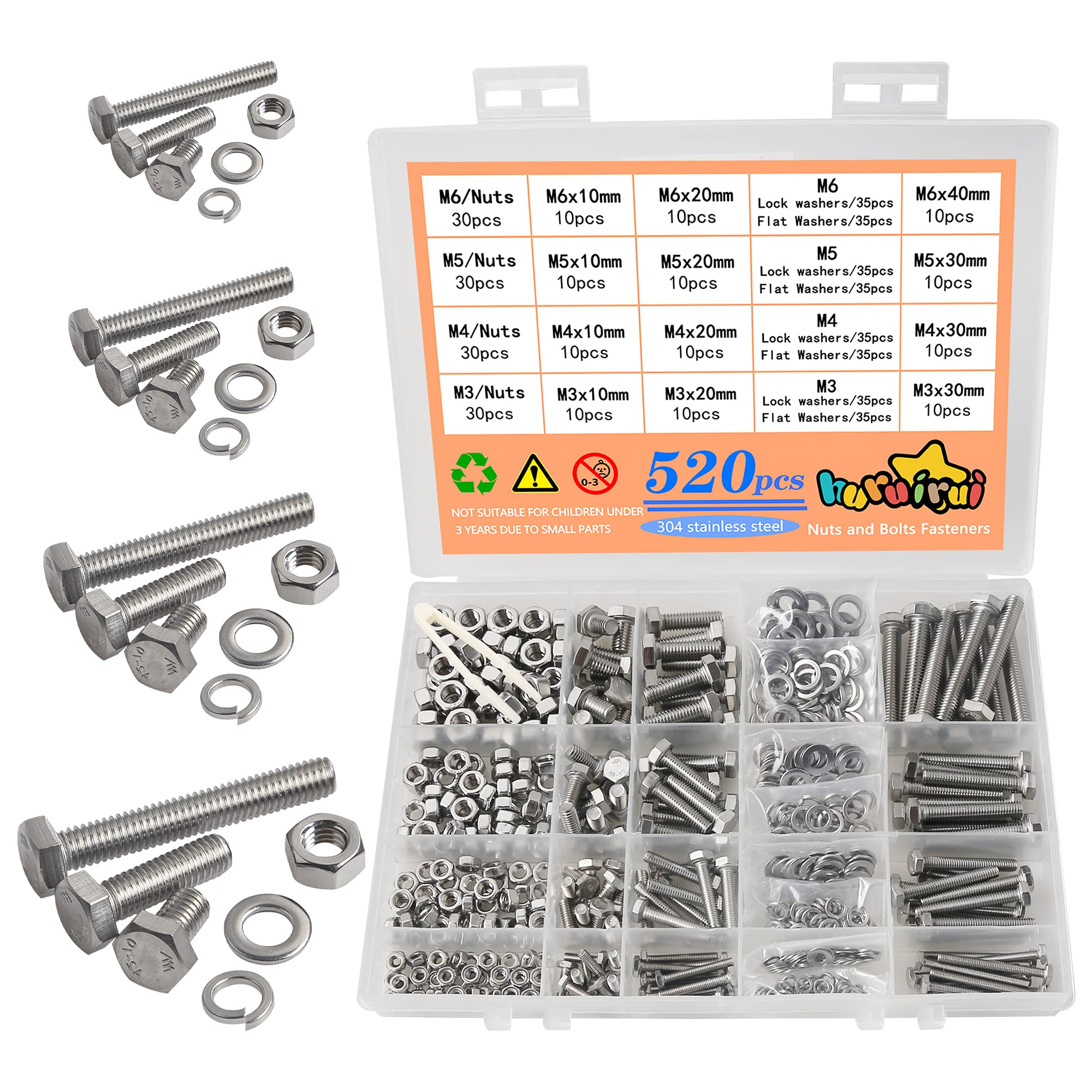 huruirui520pcs M3 M4 M5 M6 Nuts and Bolts Set 304 Stainless Steel Hex Head Screws Bolts Nuts and Washers Kit Hexagon Machine Screws with Storage Box
