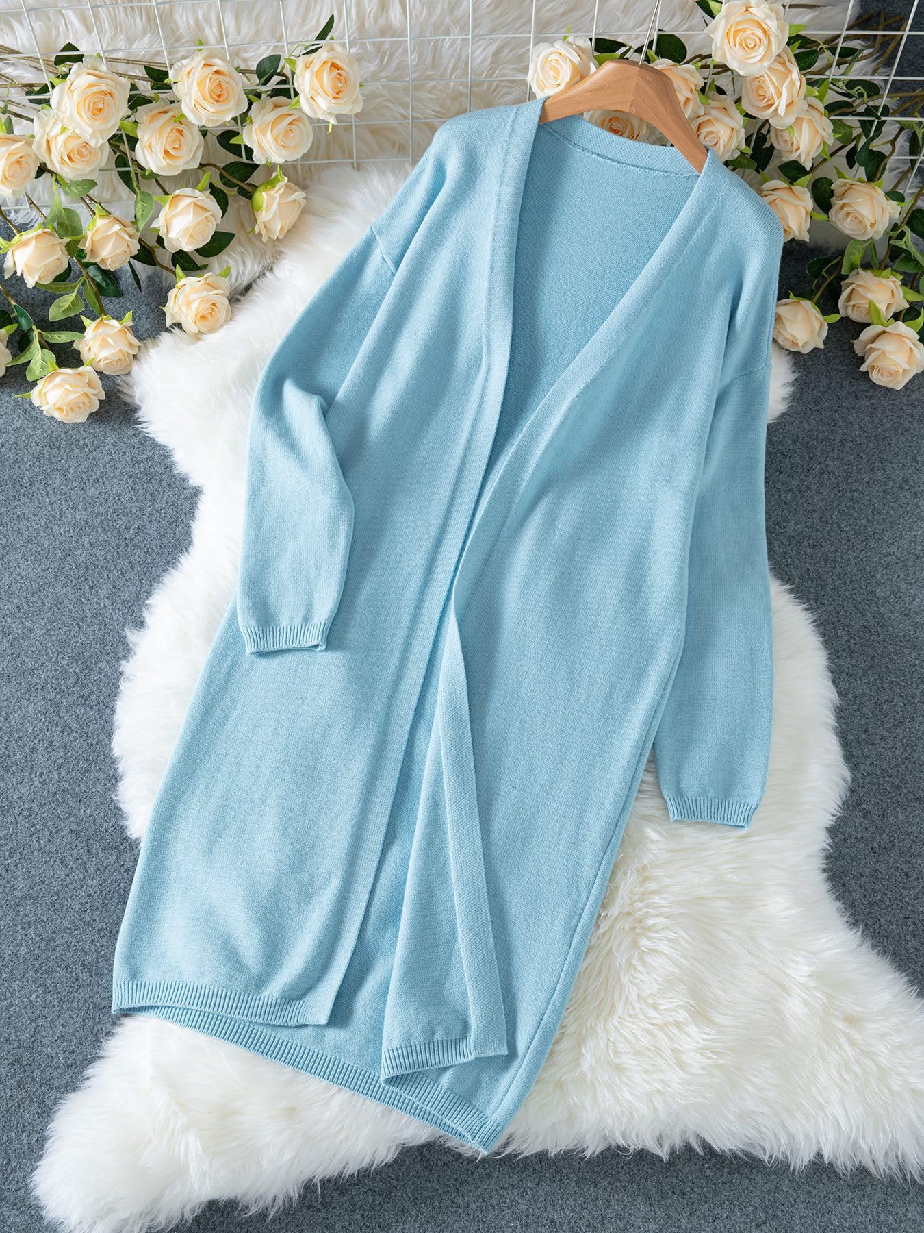 Gilet Long pour Femme Pull Ouvert sur Le Devant Manches Longues Style Maxi | Bleu Clair Ample Décontracté en Maille Épaisse Idéal pour L'Automne l'hiver Les Voyages Et Le Quotidien