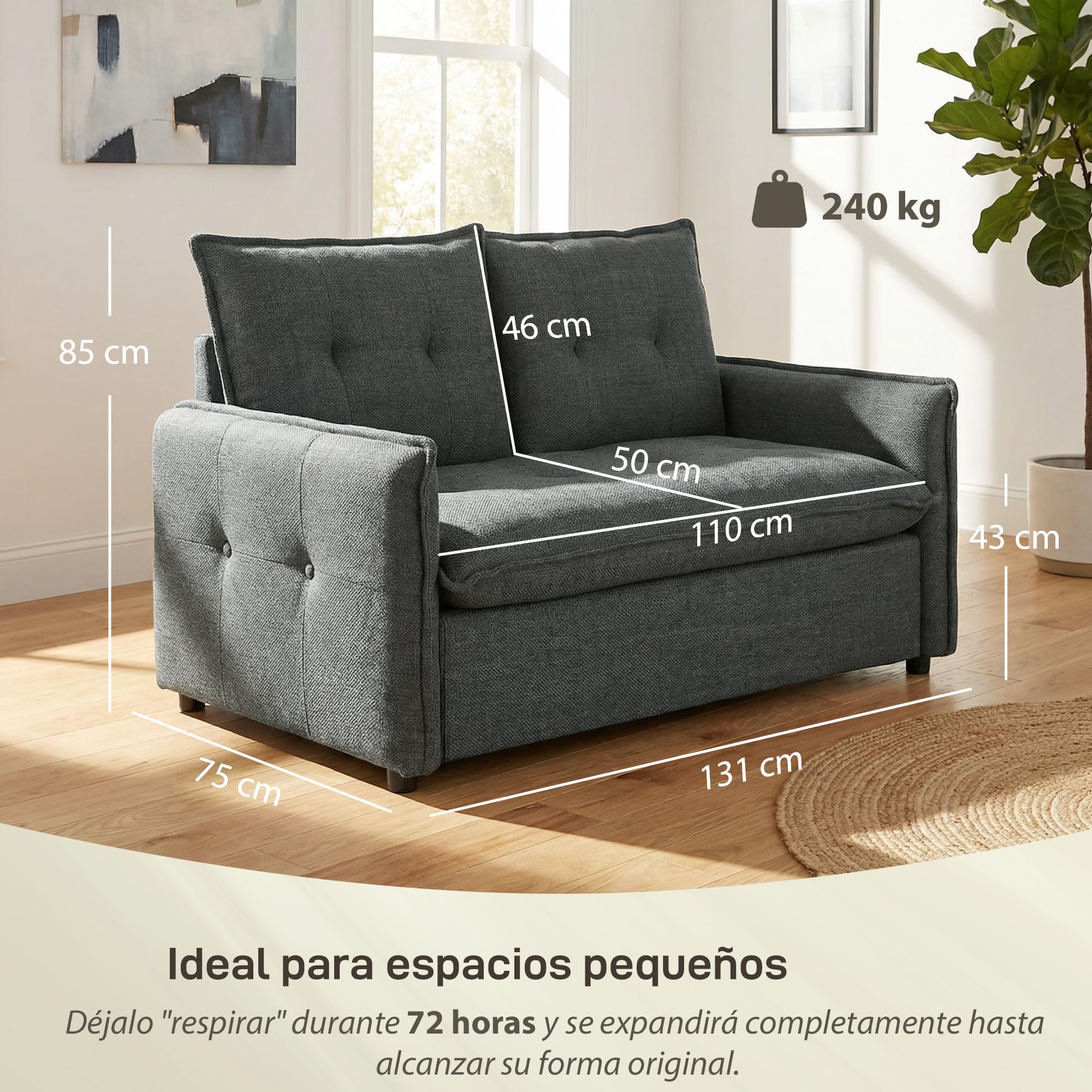 HOMCOM Sofá de 2 Plazas, Tapizado en Lino, Sofá Moderno con Acolchado Grueso, Diseño Capitoné, para Espacios Pequeños, Salón, Dormitorio, Oficina, Sala de Estar, 131x75x85 cm, Gris Oscuro