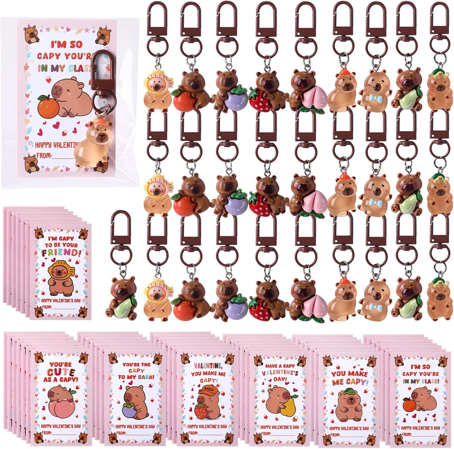Kenning 28 Sets Valentine's Day Capybara Gifts Party Favors Include 28 Capybara Keychains 28 Cute Valentine's Greeting Cards Transparent Bags for Student Classroom Goodie Bag Gifts Rewards