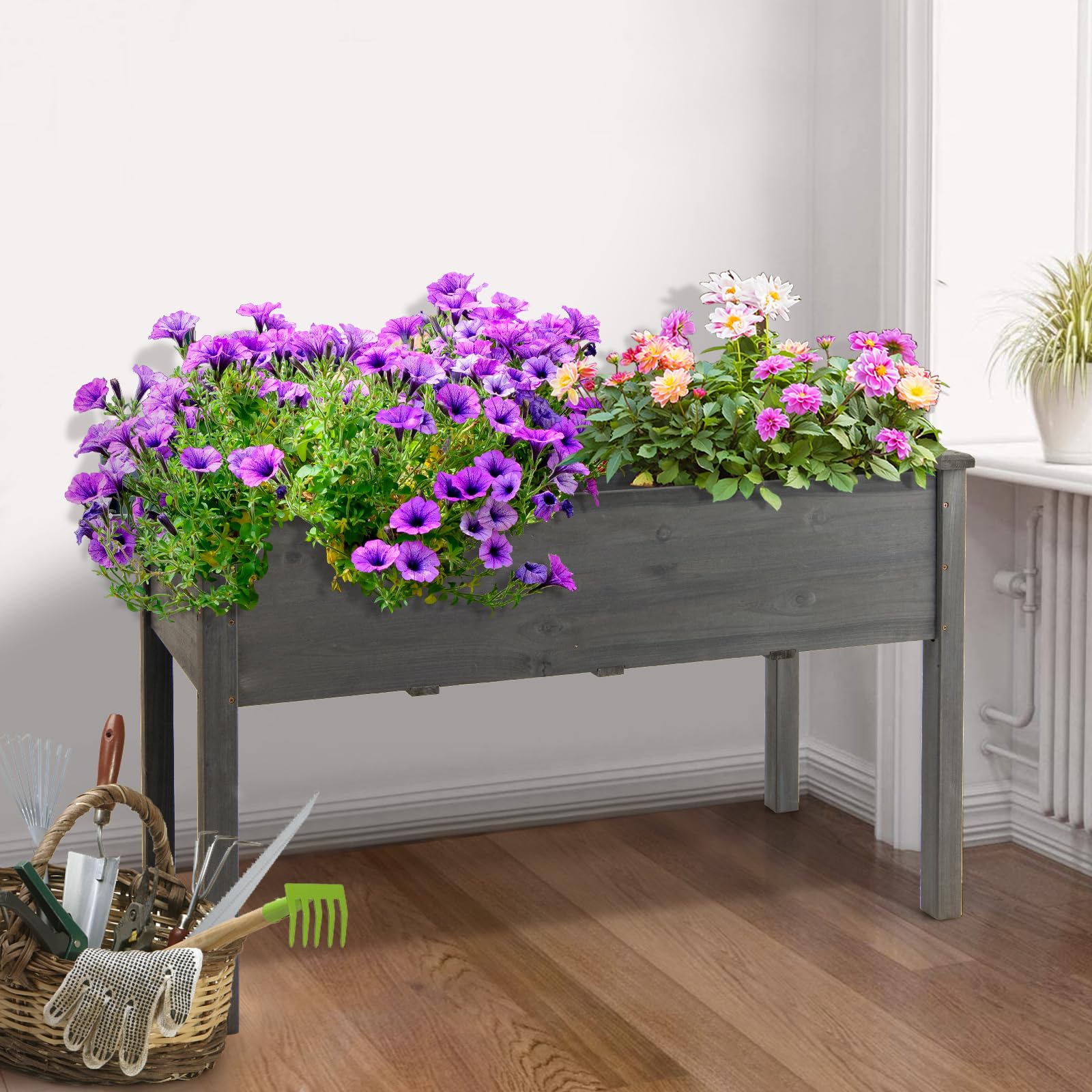 HOMASIS Huerto Urbano de Madera Abeto con Estante, Jardinera Elevada Terraza Exterior con Orificio de Drenaje, Compartimento de Almacenamiento, para Jardín, Balcón (Gris)