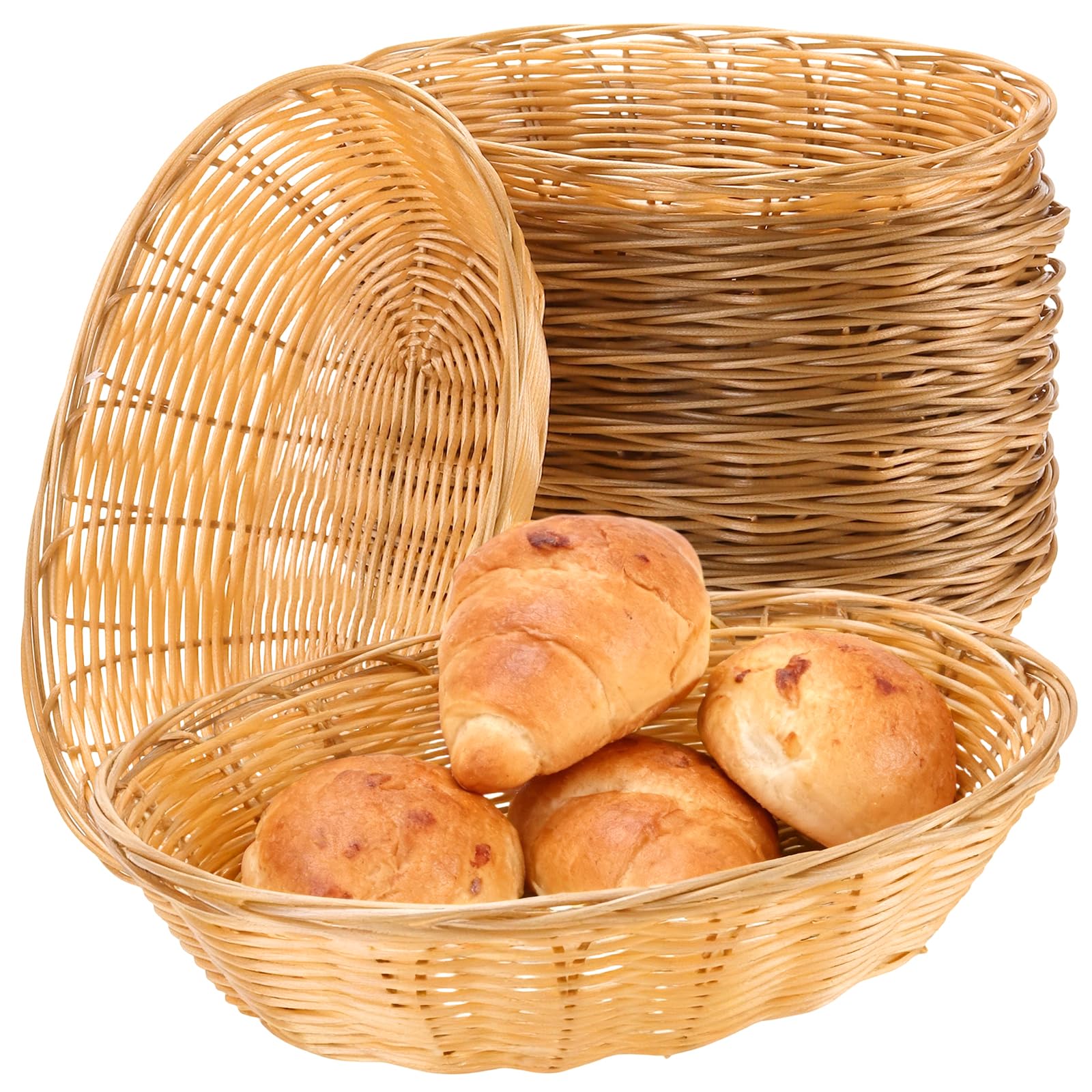 Lot de 12 Paniers en Plastique Imitation Rotin - 23 x 15 x 6,5 cm - Empilables - Pour Pain, Fruits, Collations, Légumes - Marron