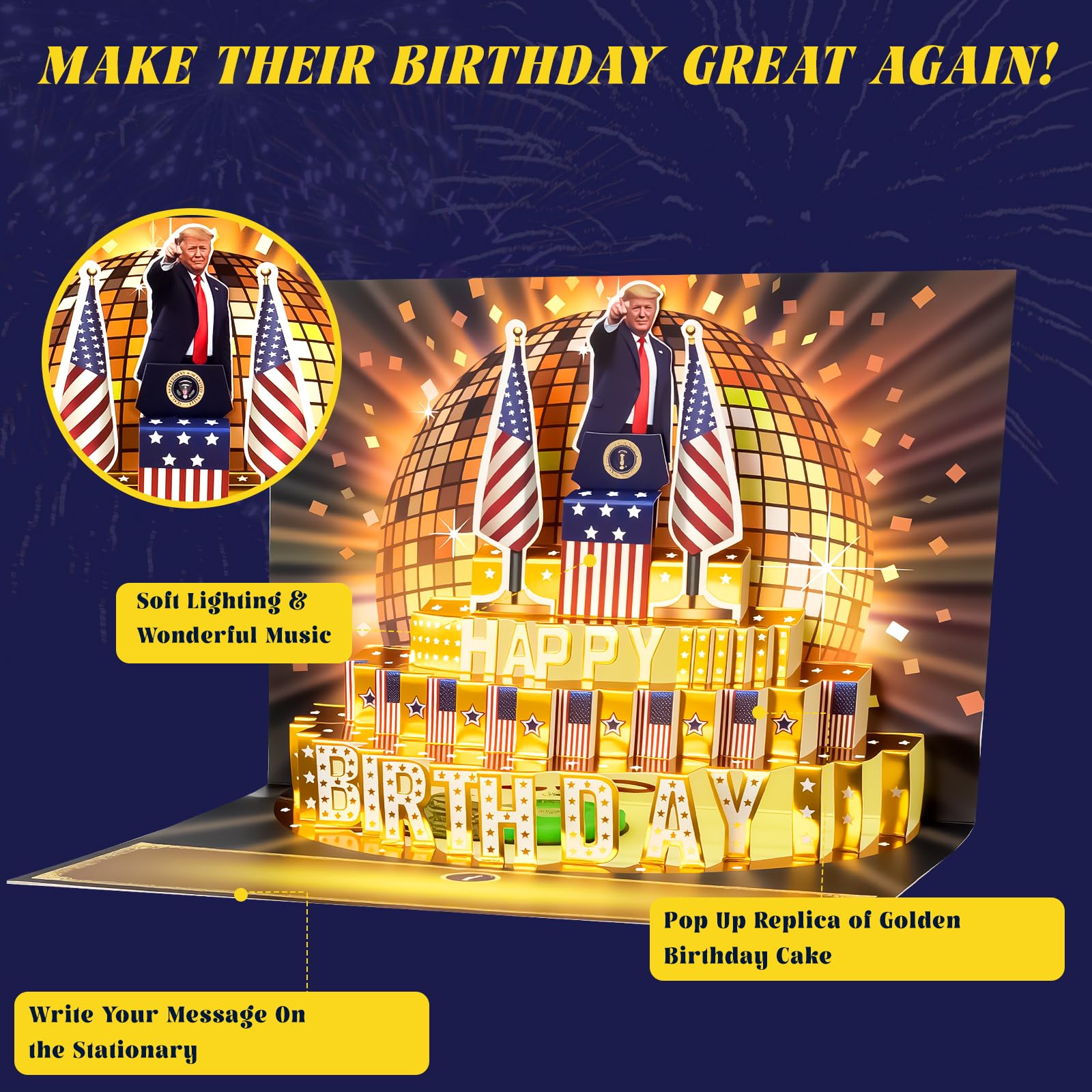 Tarjeta de cumpleaños, tarjetas de felicitación del presidente Donald parlante con mensaje de voz real y luz para hombres y mujeres, padres, parejas (cumpleaños, pastel dorado)