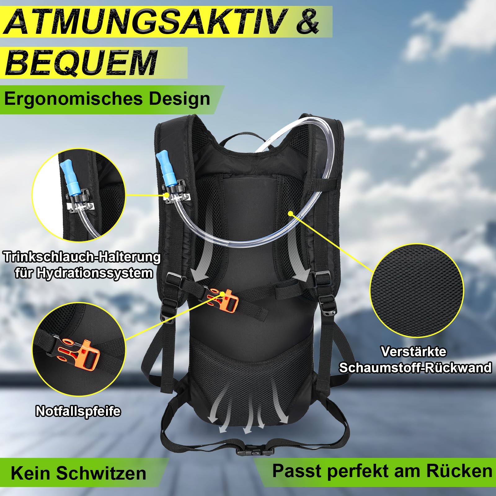 LOCAL LION ONETOALL Fahrradrucksack Klein 10L mit Regenschutz und Helmnetz, Skirucksack für Damen und Herren, Kleiner Wanderrucksack Wasserdicht zum Skifahren Radfahrren Wandern Tagestour