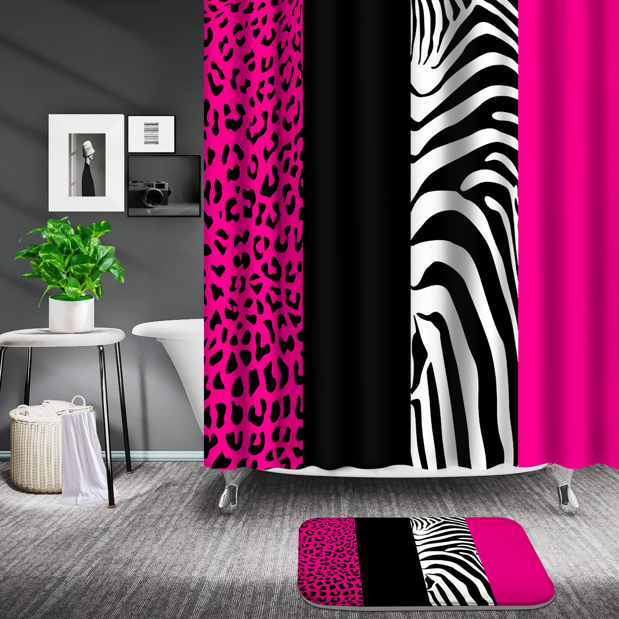 Poedist 4 Pcs Bathroom Shower Curtain Set,Rosy Leopard Print Shower Curtain Bright Style Shower Curtain Sets with Rugs(Bath Mat,U Shape and Toilet Lid Cover Mat) and 12 Hooks