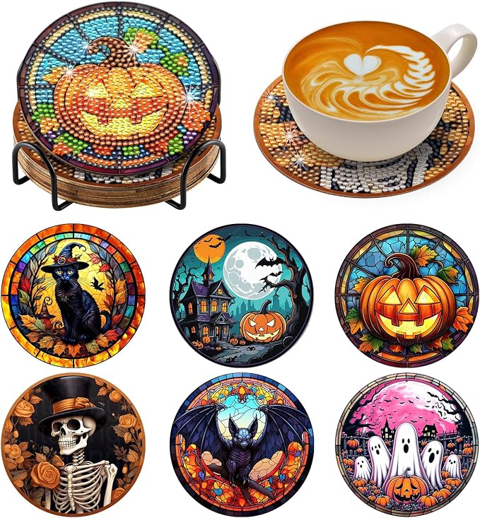 Zynlio Halloween Diamond Paintings Coasters Kits Set with Holder, Halloween Diamond Art, DIY Diamond Crafts Coasters for Adults, Diamond Art Painting Kits for Women, Beginners, Diamond Craft Supplies