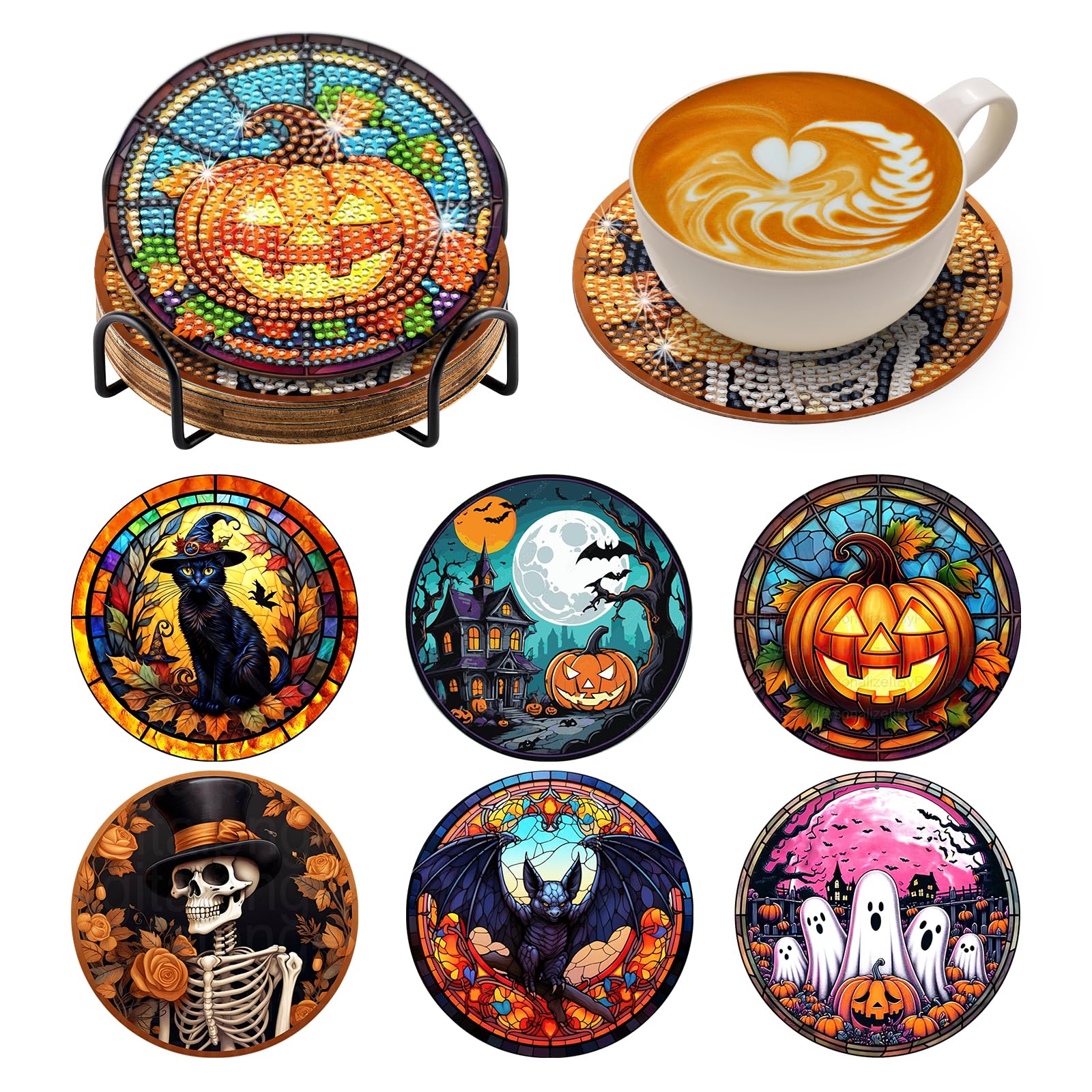 BNG 6Pcs Halloween Diamond Painting Coasters Kits with Holder, DIY Diamond Art Craft Sets for Adults Beginners, Pumpkin Ghost Cup Mat Table Decoration for Halloween Party Favours Gifts