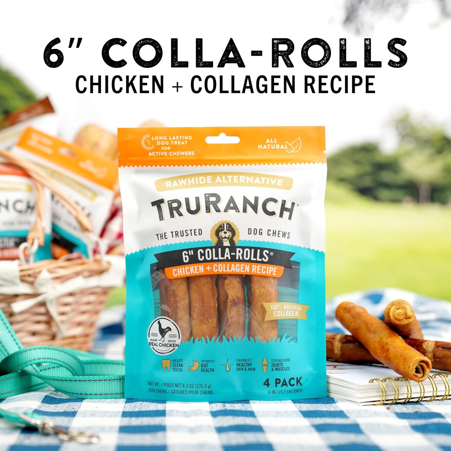 TRURANCH Collagen Rolls - 6" Collagen Rolls for Dogs - Long Lasting Healthy Joint Support - Rawhide Alternative - Skin & Coat Health - Made with Real Chicken, Value Pack, 15 Bags, 60 Count