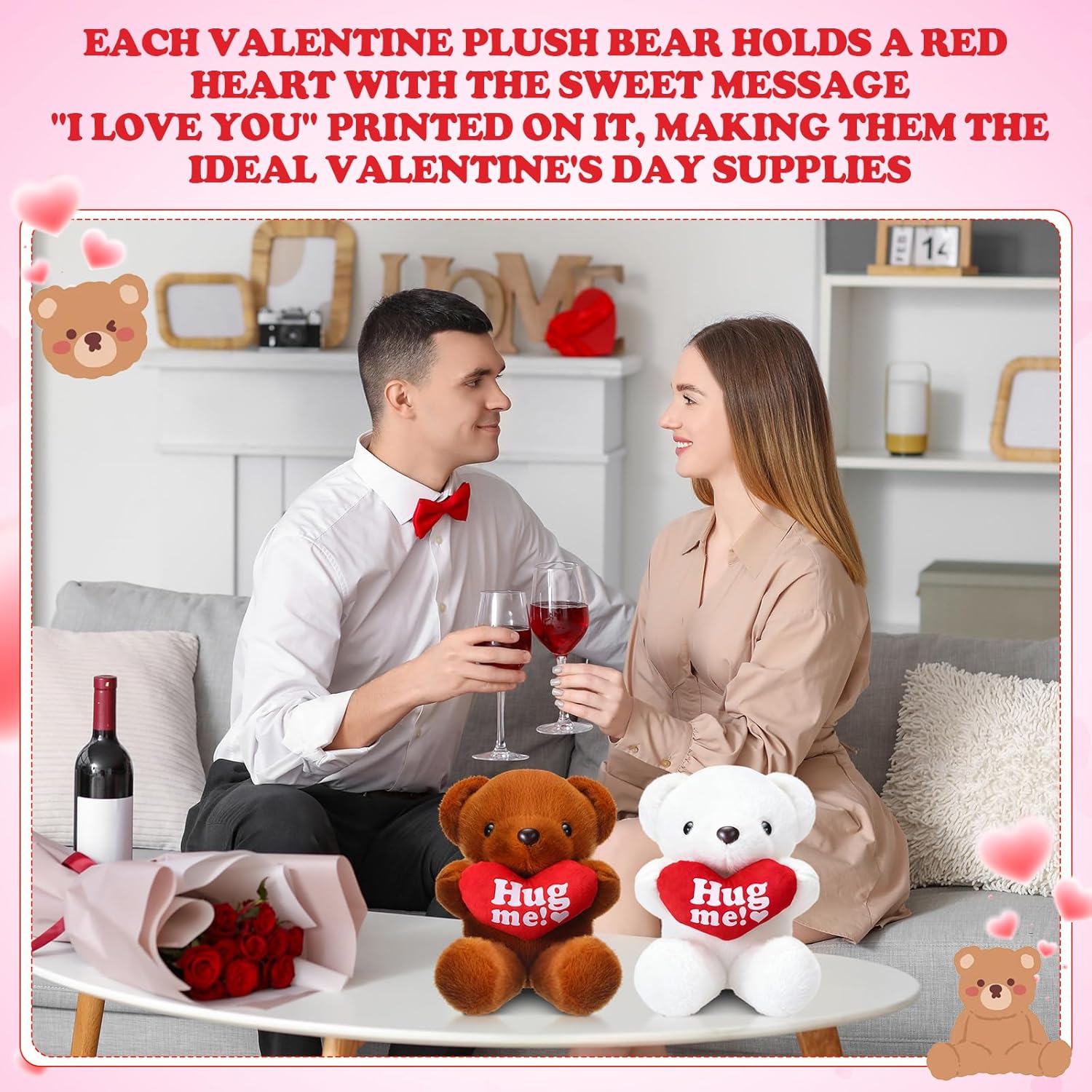 Soulchen 12 Pack Valentine's Day Bear Bulk, 10 Inch Stuffed Animals Plush Bears Soft Cute Galentines Day Party Favors with Red Heart for Couples Wedding Anniversary Birthday Gifts, 2 Colors