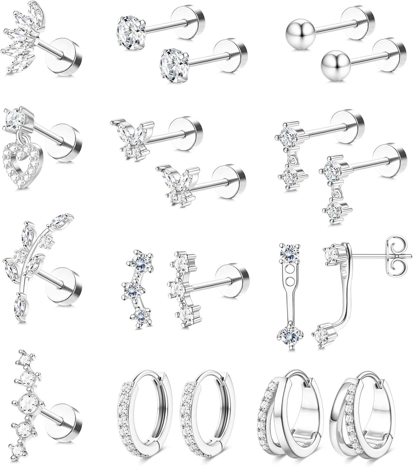 BESTEEL Hypoallergenic Flat Back Earrings Set - 14K Gold Plated Cartilage Earrings for Women Surgical Steel Flatback Stud Hoop Earring Stacks for Helix Tragus Conch Piercing Jewelry (Singles & Pairs)