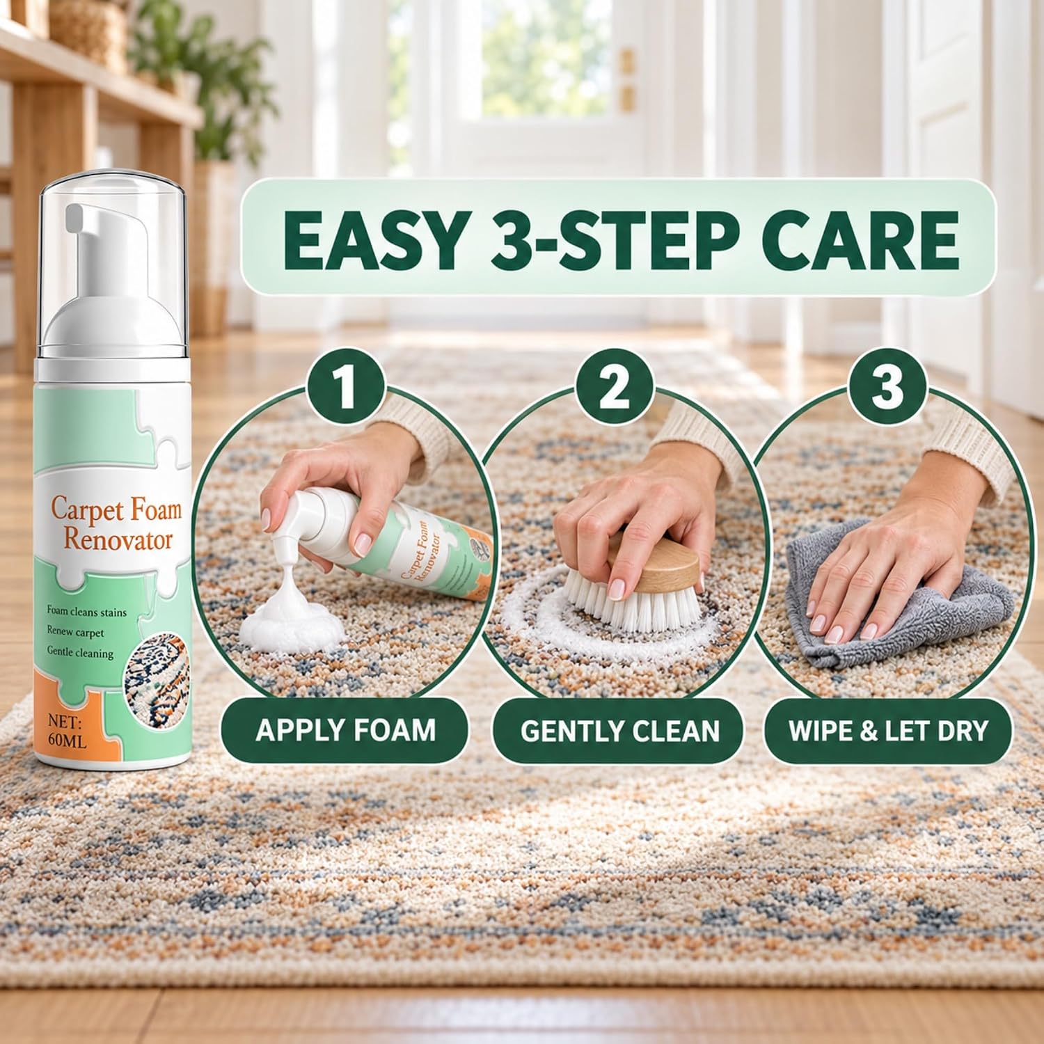 Waterless Carpet Foam Stain Remover with Towel，60 ML：3：M image 2