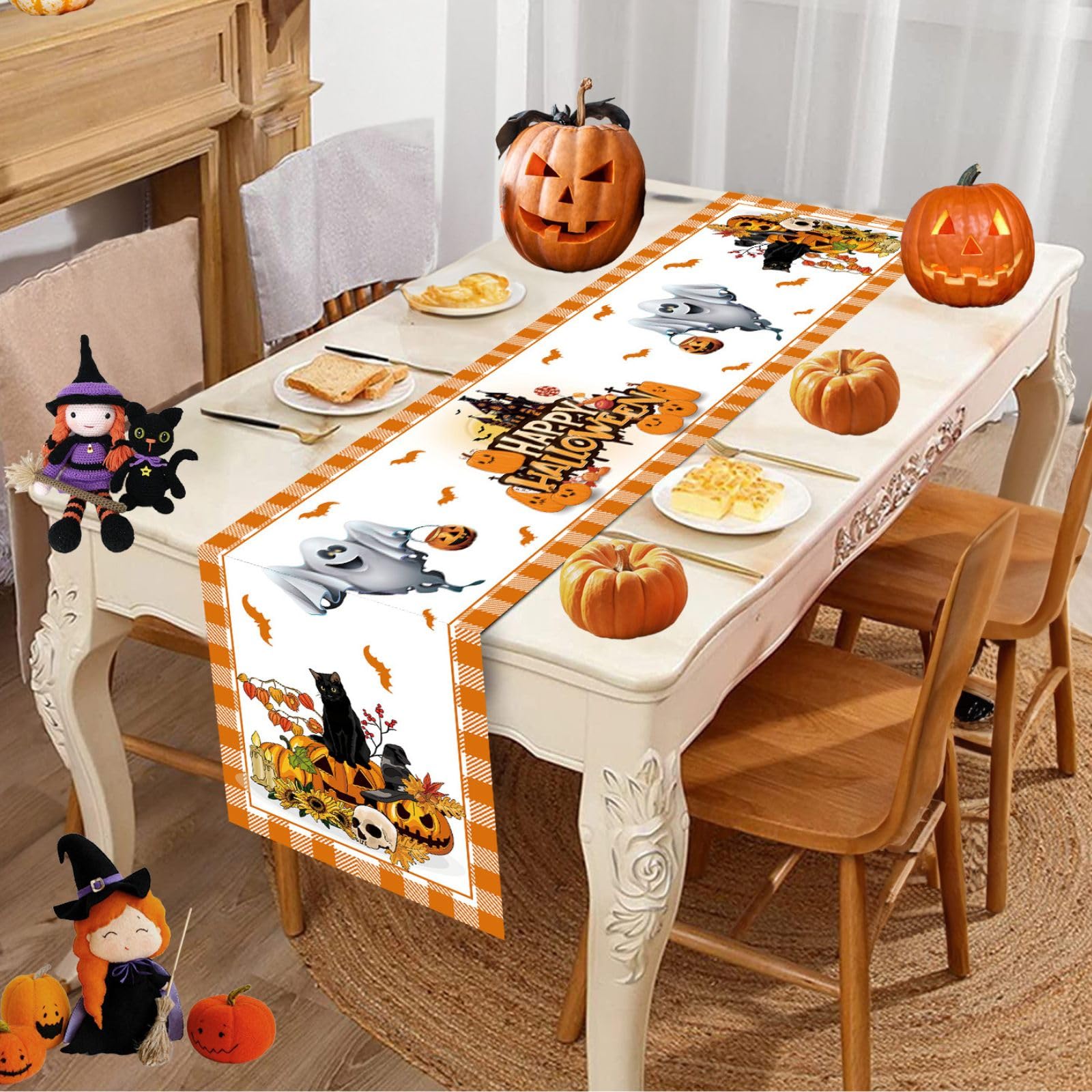 Chemin De Table Halloween Chat Noir Et Citrouilles – 40 X 140 Cm, Polyester - 8