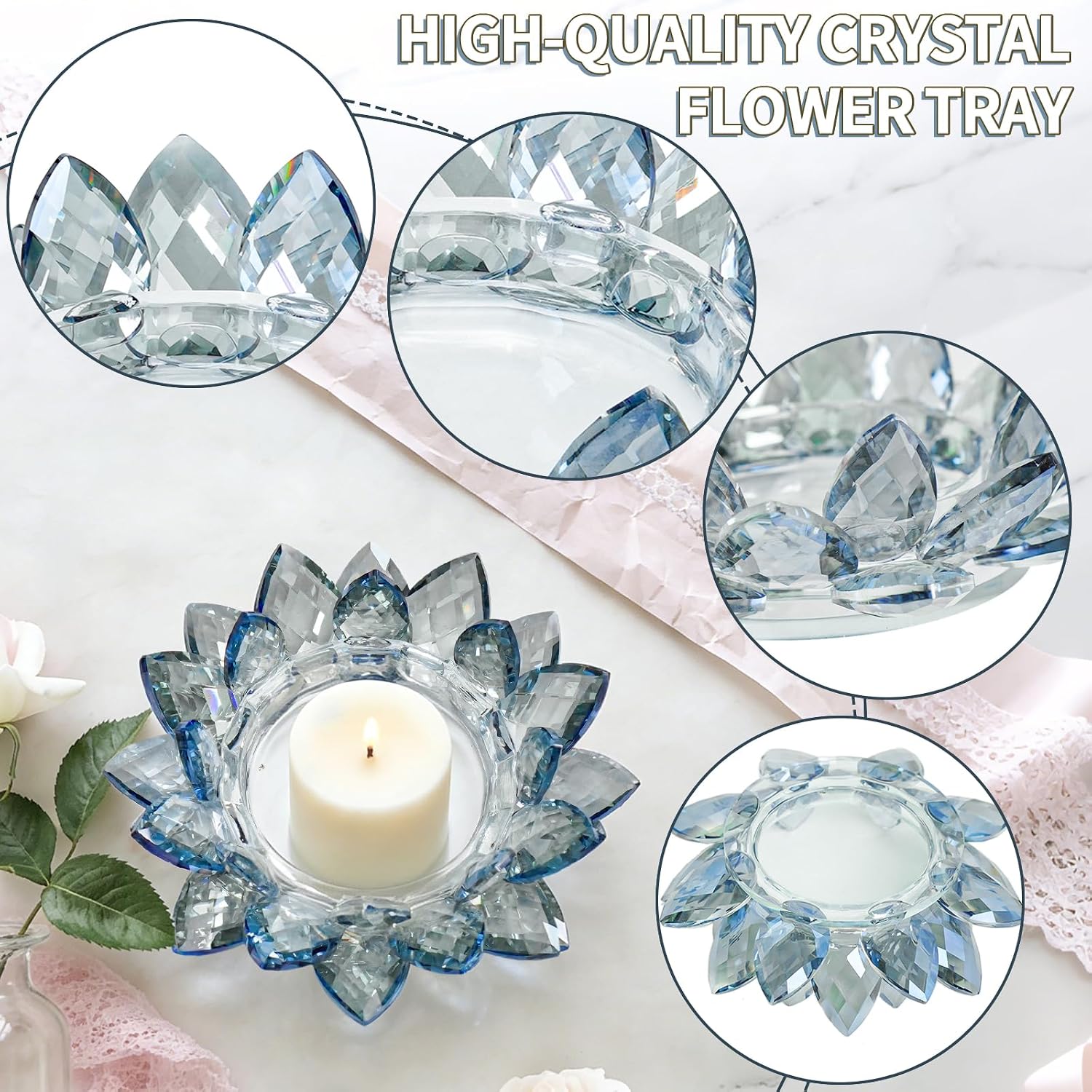Large Crystal Lotus Tealight Candle Holder for Up to 6" Diameter Pillar Candlestick, Chunky Glass Votive Stand for Wedding, Party, Table Centerpiece Decor and Yoga Meditation (1, Blue)