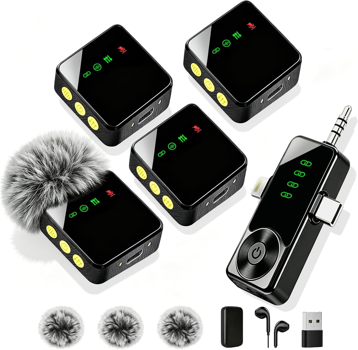 4 Pack Wireless Lavalier Microphone for iPhone Android & Camera | Mini Mics with AI Noise Reduction, 40H Battery for 4-Person Interviews, Video Recording, Podcasts, YouTube, TikTok, Vlogging