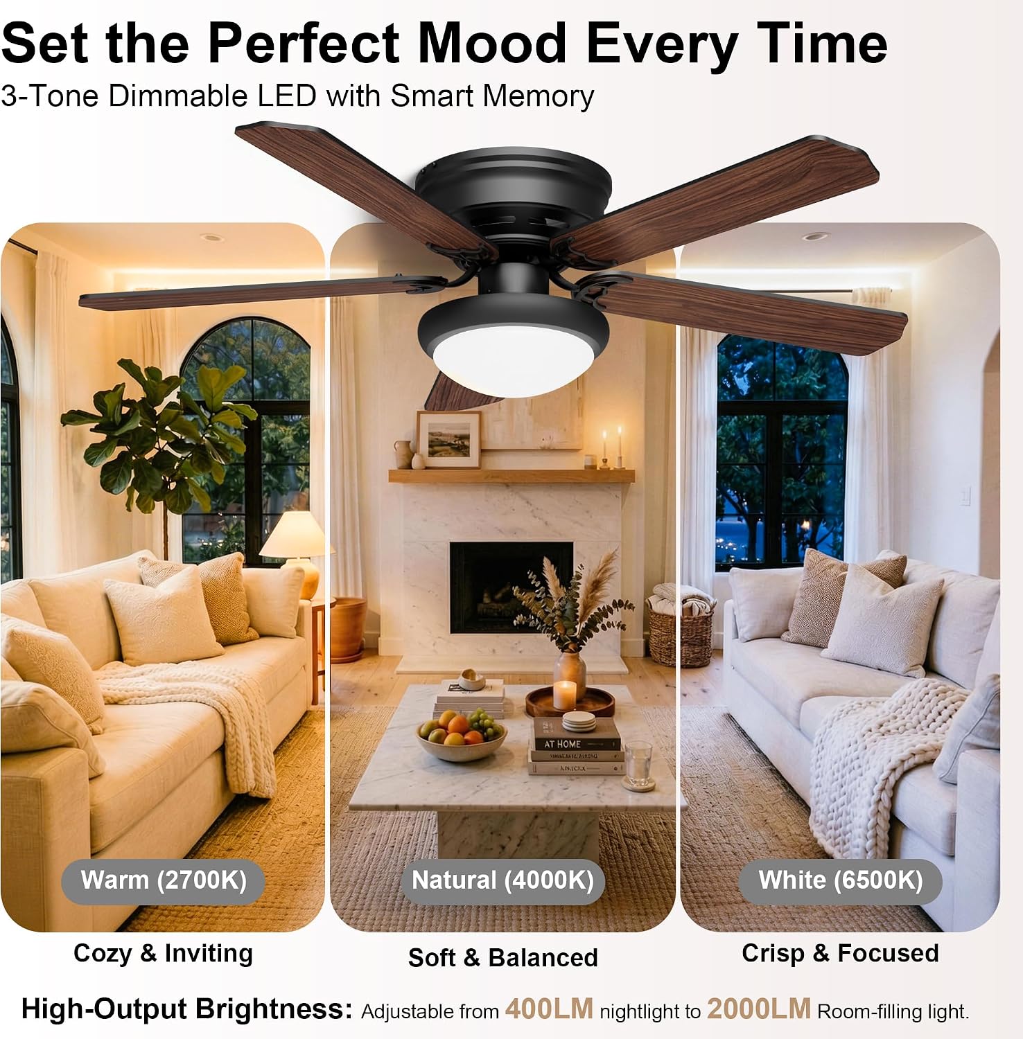 GREENEVER 52 Inch Low Profile Ceiling Fan with Light & Remote Control, Quiet Reversible DC Motor, 3CCT Dimmable Memory LED, Flush Mount for Bedroom Living Room, Black Walnut by GRANDJOY
