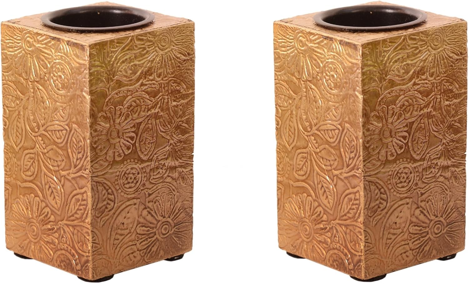 Purpledip Wooden T Light Candle Holders with Brass Sheet Cover (Set of 2) Golden, Indian souvenir, gift (10997)
