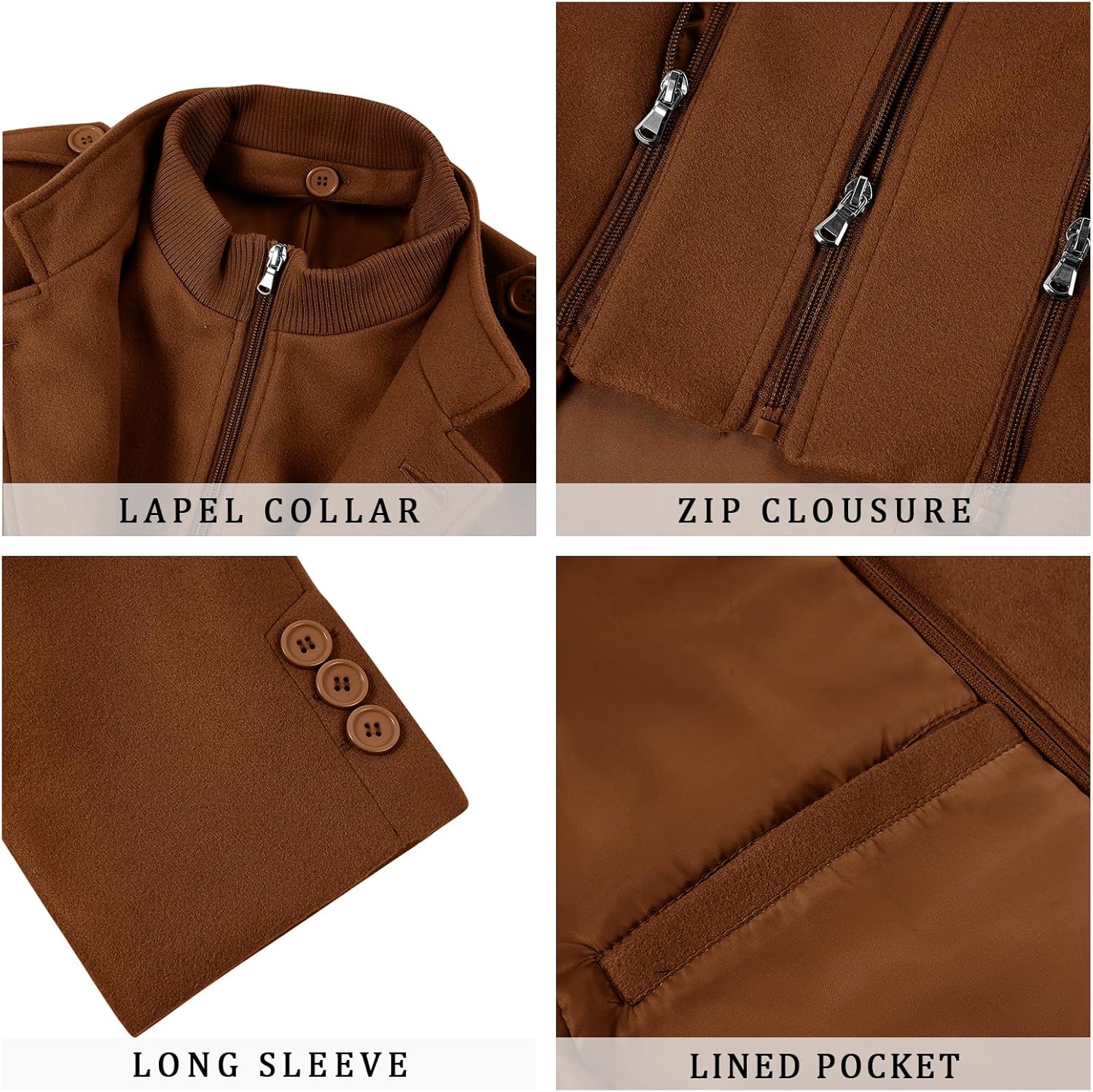 Karlywindow Mens Trench Coat Long Sleeve Stand Collar Single Breasted Pea Coat Casual Mid Long Slim Fit Overcoat with Pockets - Image 5