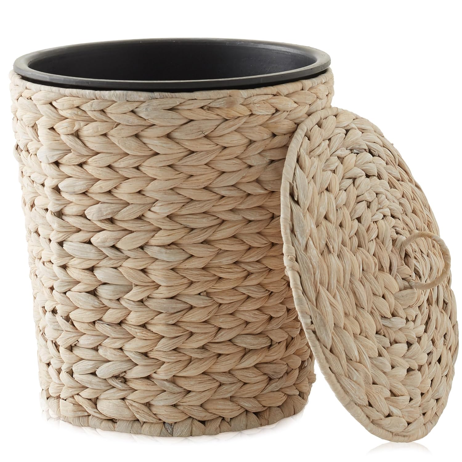 Casafield Water Hyacinth Trash Can with Lid and Liner - Whitewash White, Woven Wicker Waste Basket for Bathroom, Bedroom, Laundry Room, Home Office