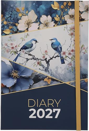 2027 A5 Daily Planner Diary, Floral Design with Perching Birds, Softcover with Elastic Closure, Blue/Yellow