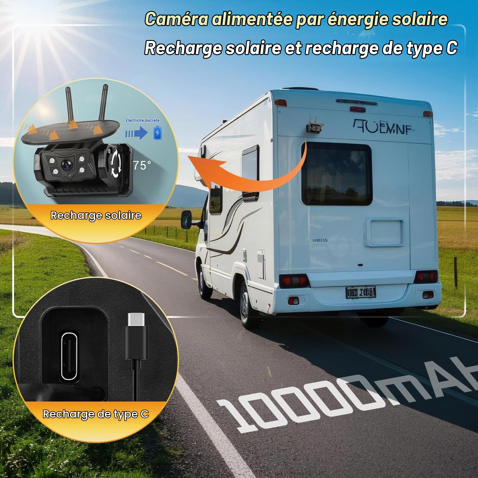 Hodozzy Solaire HD Caméra de Recul sans Fil Kit, Moniteur Ecran Tactile IPS de 7 Pouces avec Enregistrement DVR, 10000mAh Caméra Magnétique avec BSD, Etanchéité IP68, Vision Nocturne, Type C