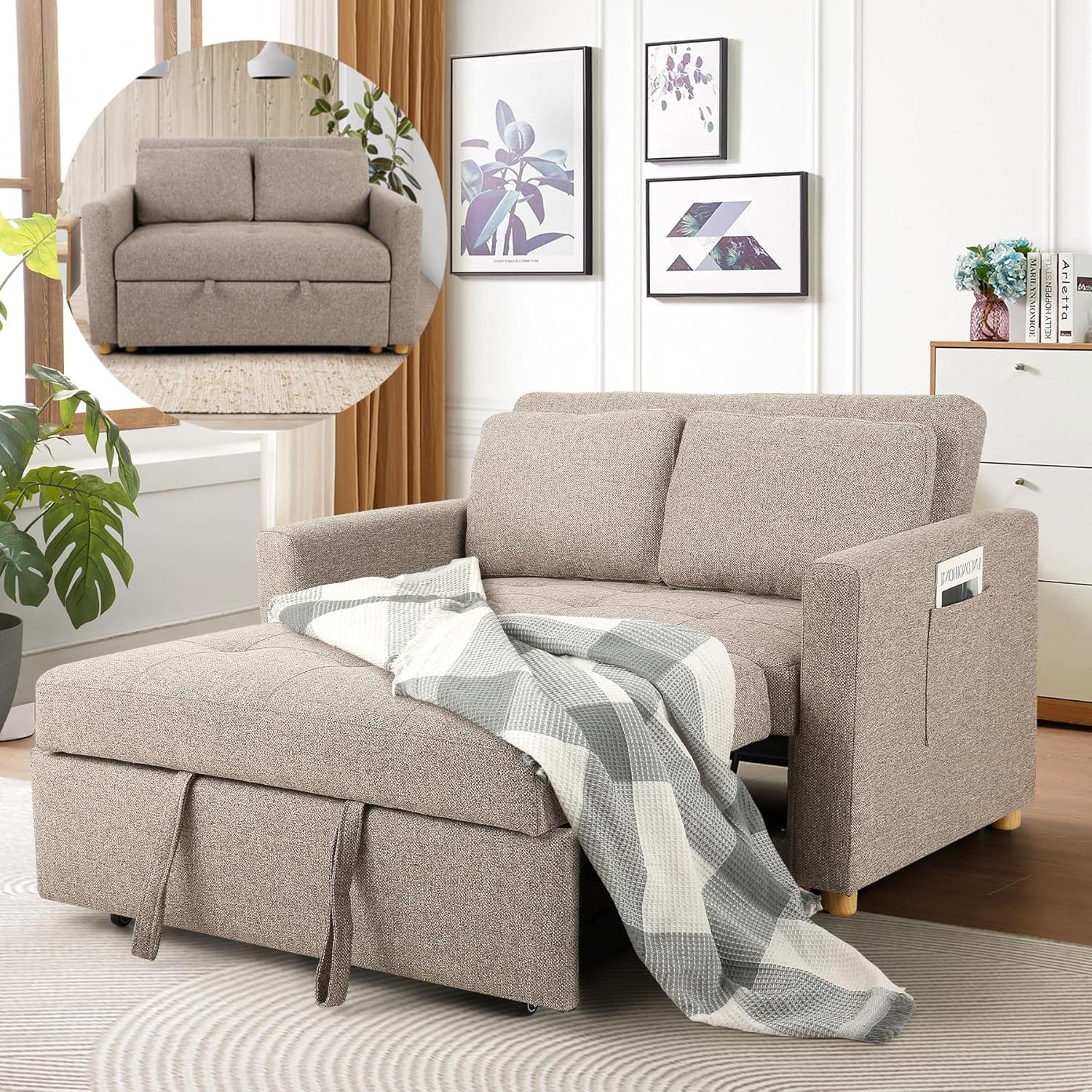 Loveseat Sleeper, 3-in-1 Convertible Sofa Bed Pull Out, Brown Gray | 49" Samll Loveseat Sofa with Adjustable Backrest, Spring Support and Pillows, Linen Fabric Futon Couch Bed for Small Spaces