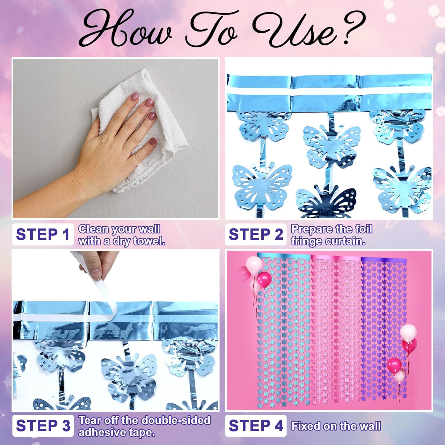 Yeaqee 3 Pcs Butterfly Fringe Party Backdrop Hanging Butterfly Foil Curtain Garland Decorations Streamers for Birthdays Princess Themed Bridal Shower Bachelorette Party Decor, Pink, Blue, Purple - Image 5