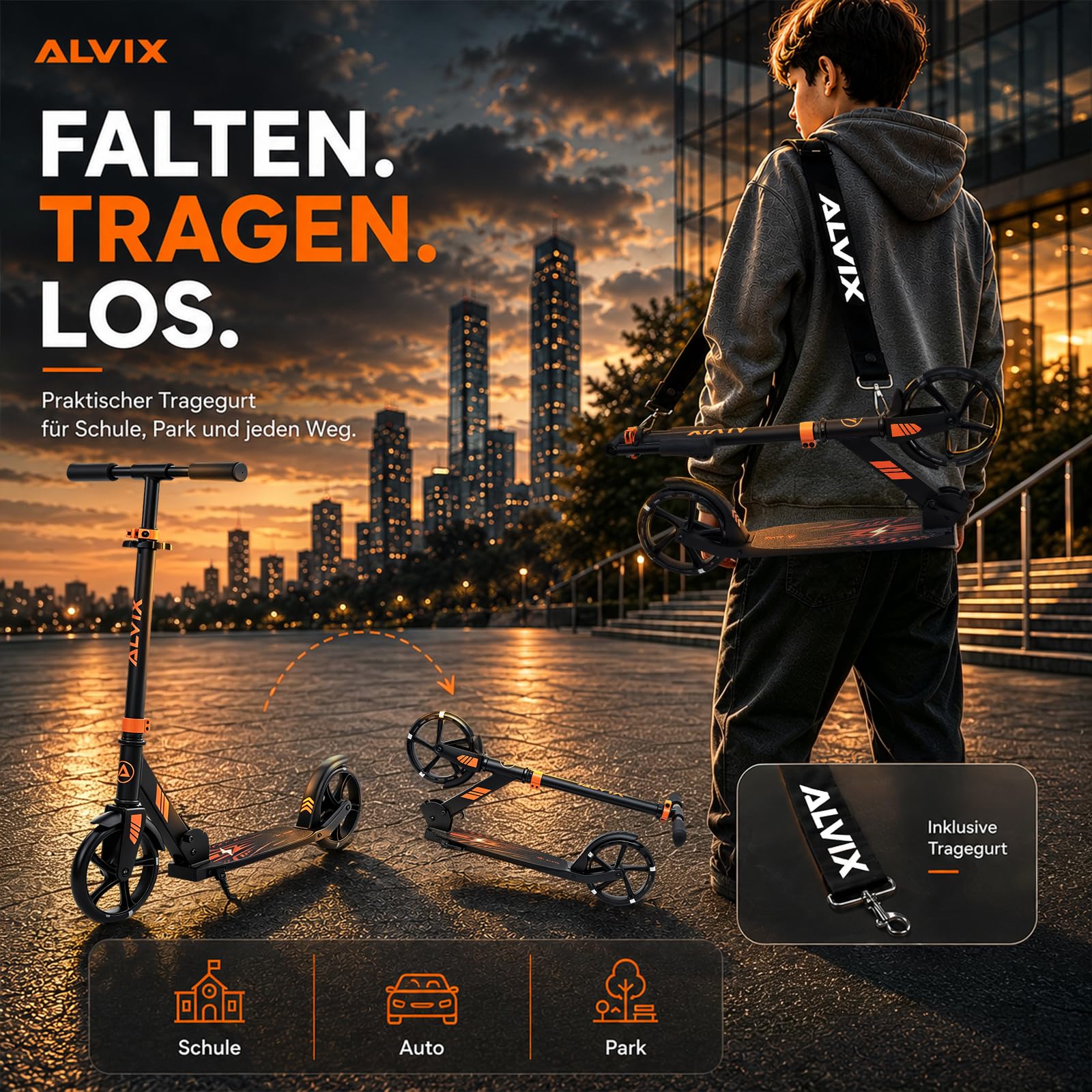 ALVIX Kinder Scooter mit LED-Rädern – Faltbarer Kinderroller 200 mm | Höhenverstellbarer Kickroller ab 6 Jahren, breites Deck, Tragegurt, bis 100 kg belastbar