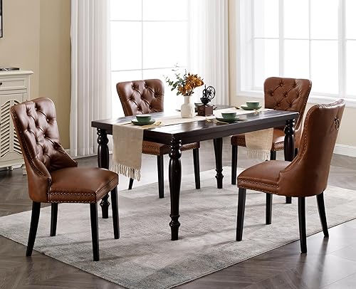 Miniatura 13 de EALSON Juego de 2 sillas de comedor modernas de cuero de mediados de siglo con patas de madera, sillas laterales de cocina tapizadas con ribete de