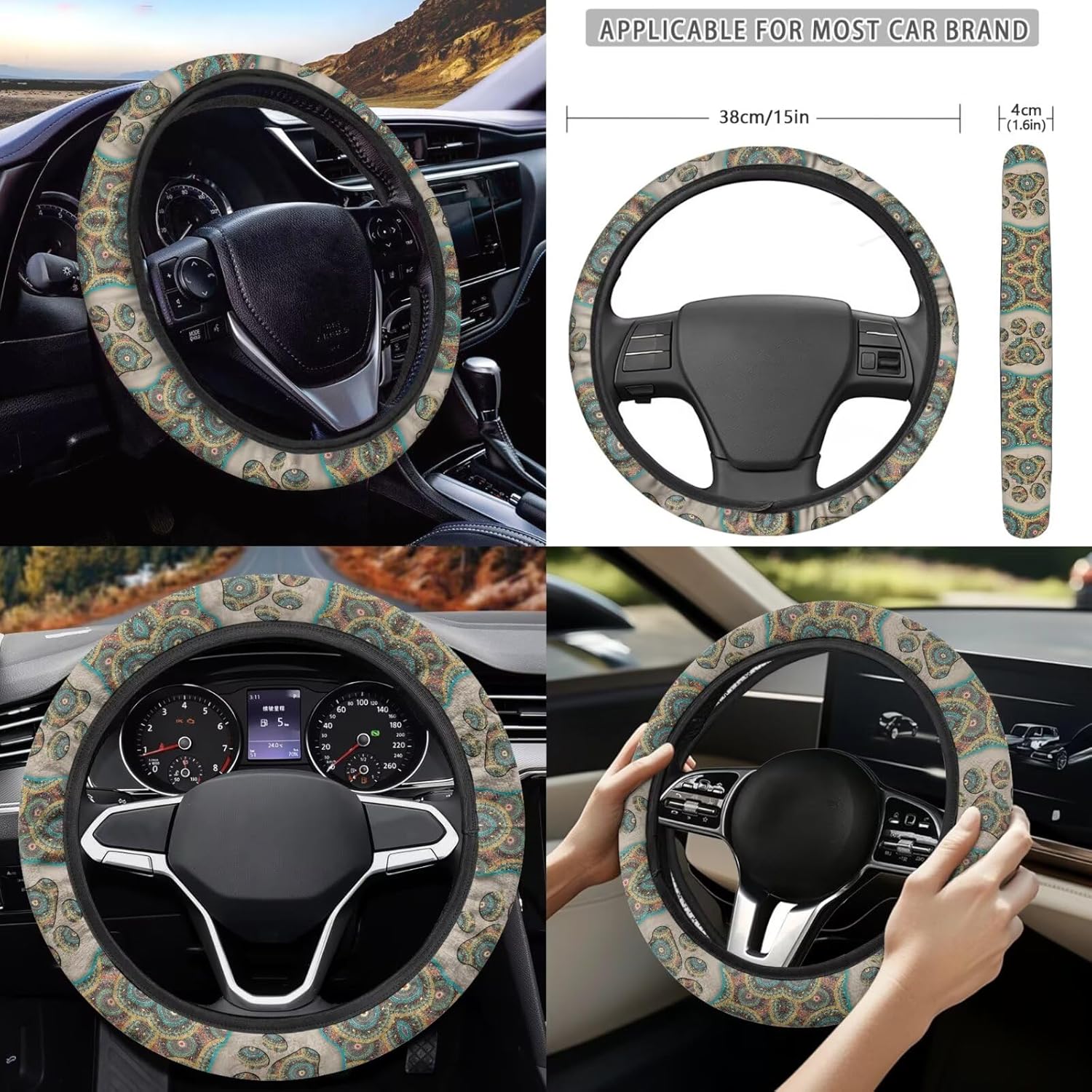Green Mandala Dog Paws Print Car Seat Cover Full Set,Universal Steering Wheel Cover/Armrest Cover/Seatbelt Covers/Coasters/Handbrake Cover Fit for SUV,Truck,Sedan